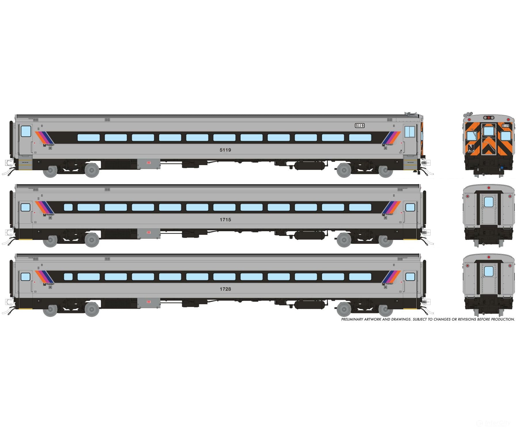 Rapido 1084040 HO Comet I Car: NJ Transit - Tiger Stripes: Set #2 (Cab: 5119 Coaches: 1715 1728) - Passenger Cars