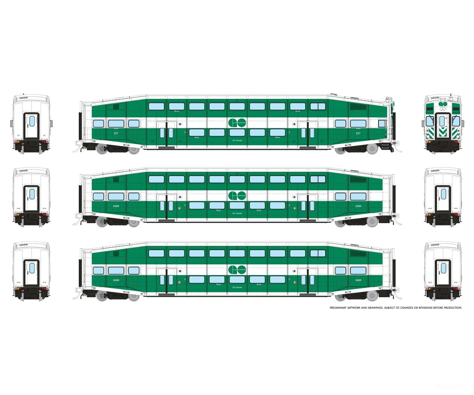 Rapido 1110002 HO BiLevel Commuter Car: GO Transit - Late: Set #5 (Cab: 236 Coaches: 2421 2449) Passenger Cars
