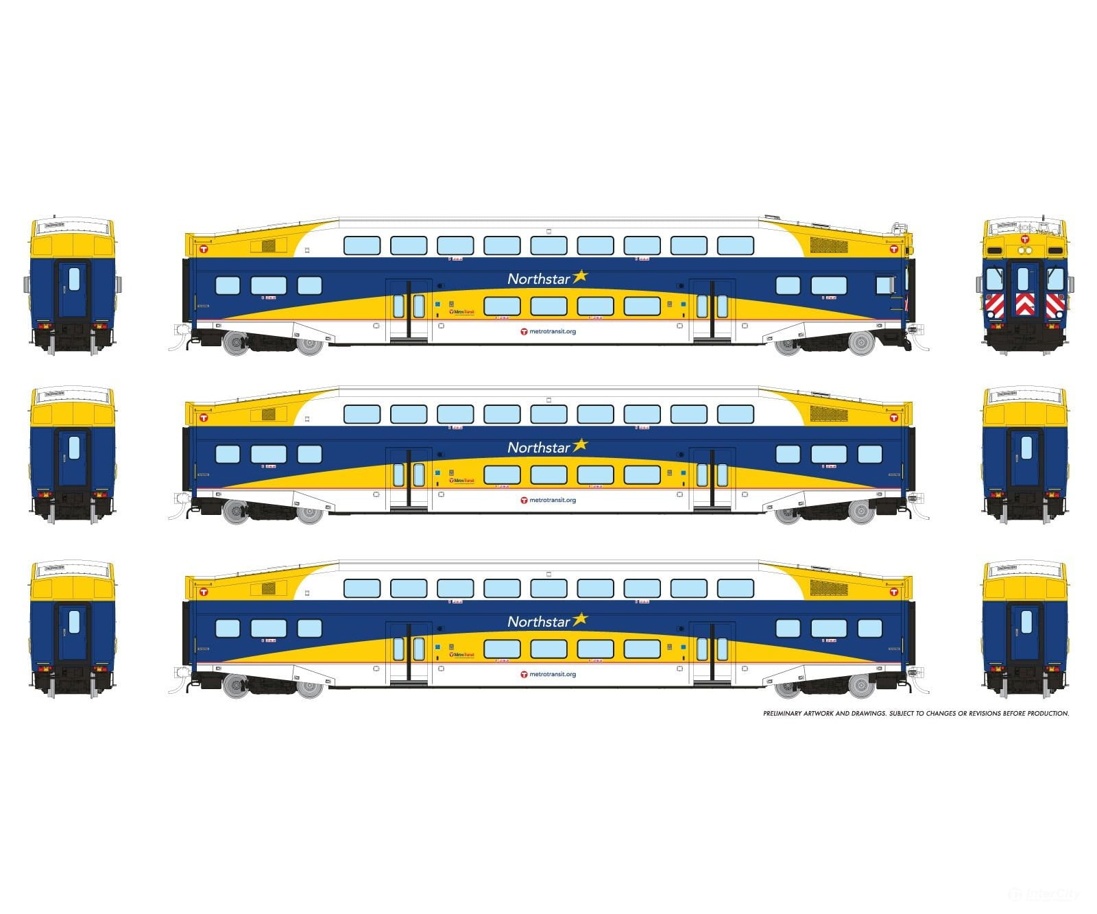 Rapido 1110012 HO BiLevel Commuter Car: Northstar: Set #1 (Cab: 606 Coaches: 702 707) Passenger Cars