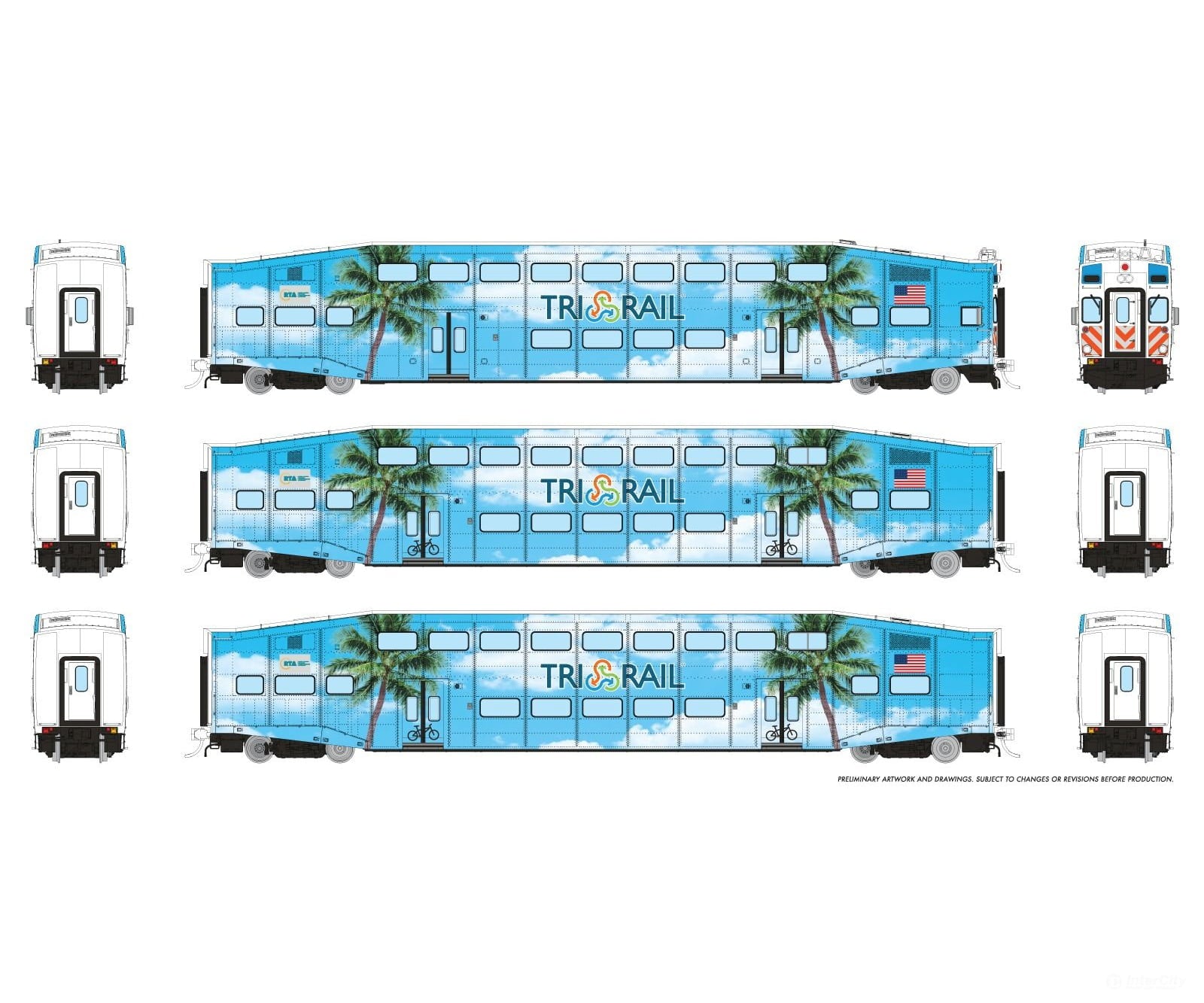 Rapido 1110026 HO BiLevel Commuter Car: TriRail - Palm Tree: Set #1 (Cab: 508 Coaches: 1002 1007) Passenger Cars