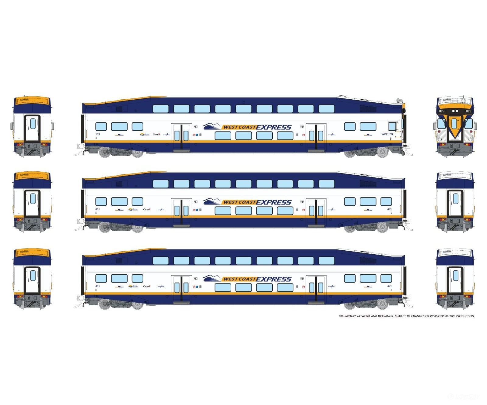 Rapido 1110031 HO BiLevel Commuter Car: West Coast Express: Set #3 (Cab: 109 Coaches: 402 406) Passenger Cars