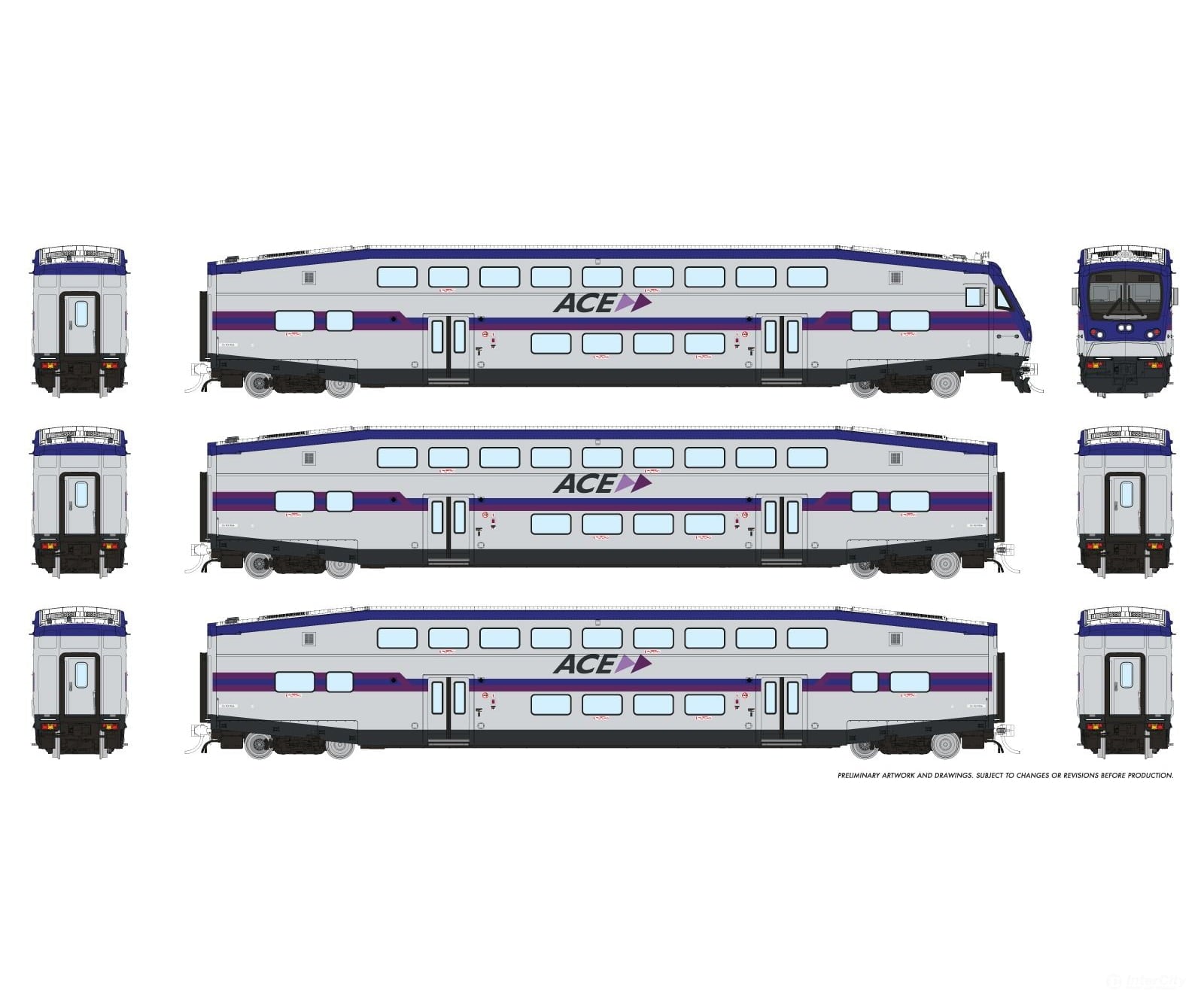 Rapido 1110035 HO CEM BiLevel Commuter Car: ACE - Modern: Set #1 (Cab: 3310 Coaches: 3225 3232) Passenger Cars