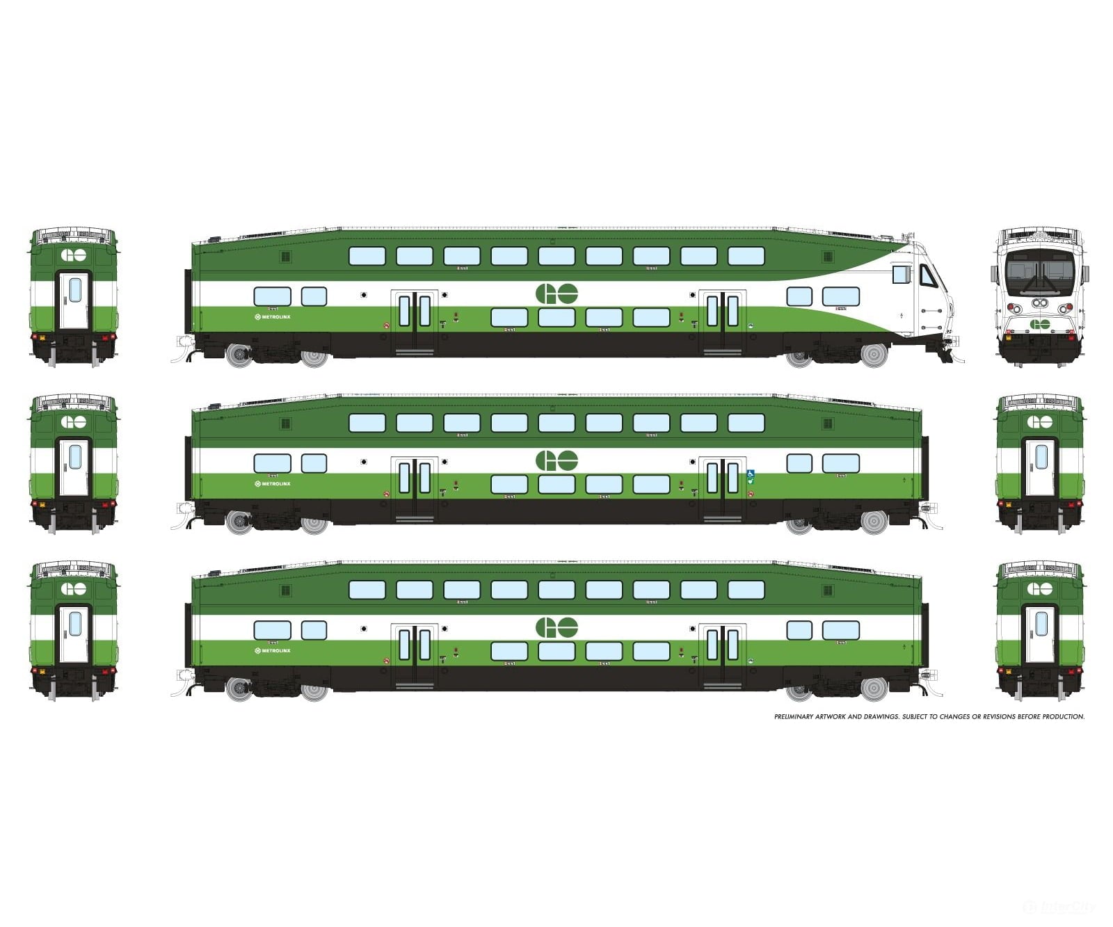 Rapido 1110045 HO CEM BiLevel Commuter Car: GO Transit/MX: Set #1 (Cab: 302 Coaches: 4505 4004) Passenger Cars