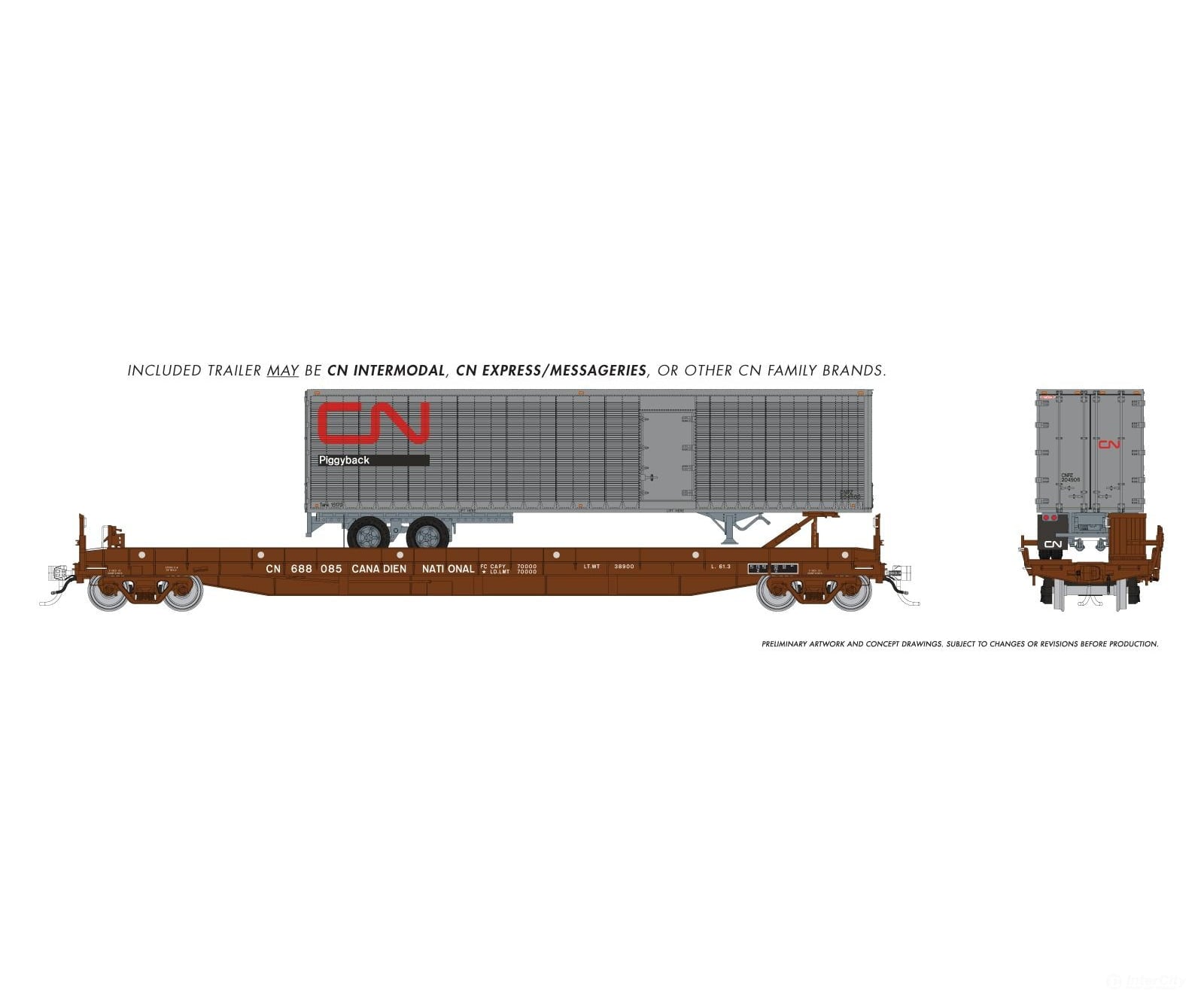Rapido 1130501 HO Vancouver Iron Works Piggyback Flatcar: Canadian National: 6-Pack w/ 45’ Trailers - Freight Cars
