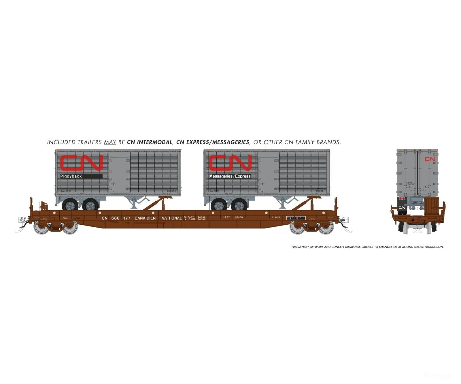 Rapido 1130502 HO Vancouver Iron Works Piggyback Flatcar: Canadian National: 6-Pack w/ 26’ Trailers - Freight Cars