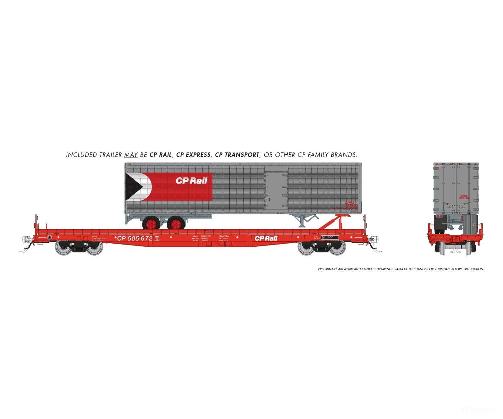 Rapido 1130503A HO Marine Industries Piggyback Flatcar: CP Rail: Single Car w/ 45’ Trailer - Freight Cars