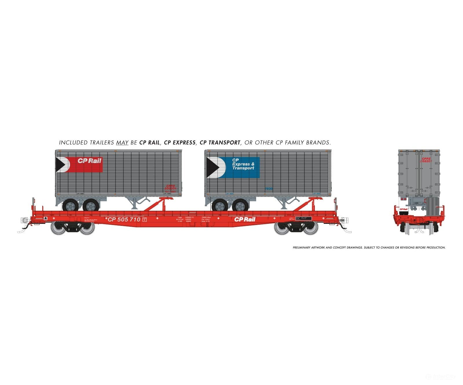 Rapido 1130504 HO Marine Industries Piggyback Flatcar: CP Rail: 6-Pack w/ 26’ Trailers - Freight Cars