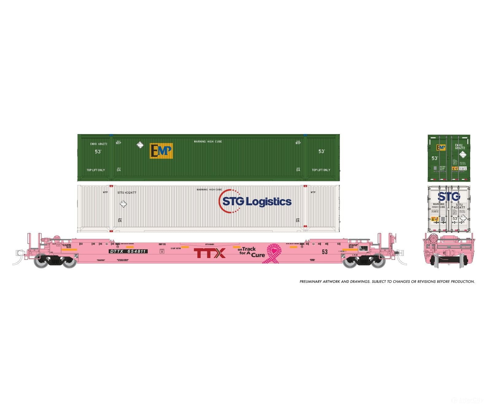 Rapido 1132001 HO 53’ Husky-Stack well car + containers: TTX ’On Track for a Cure’: #475412 - Freight Cars