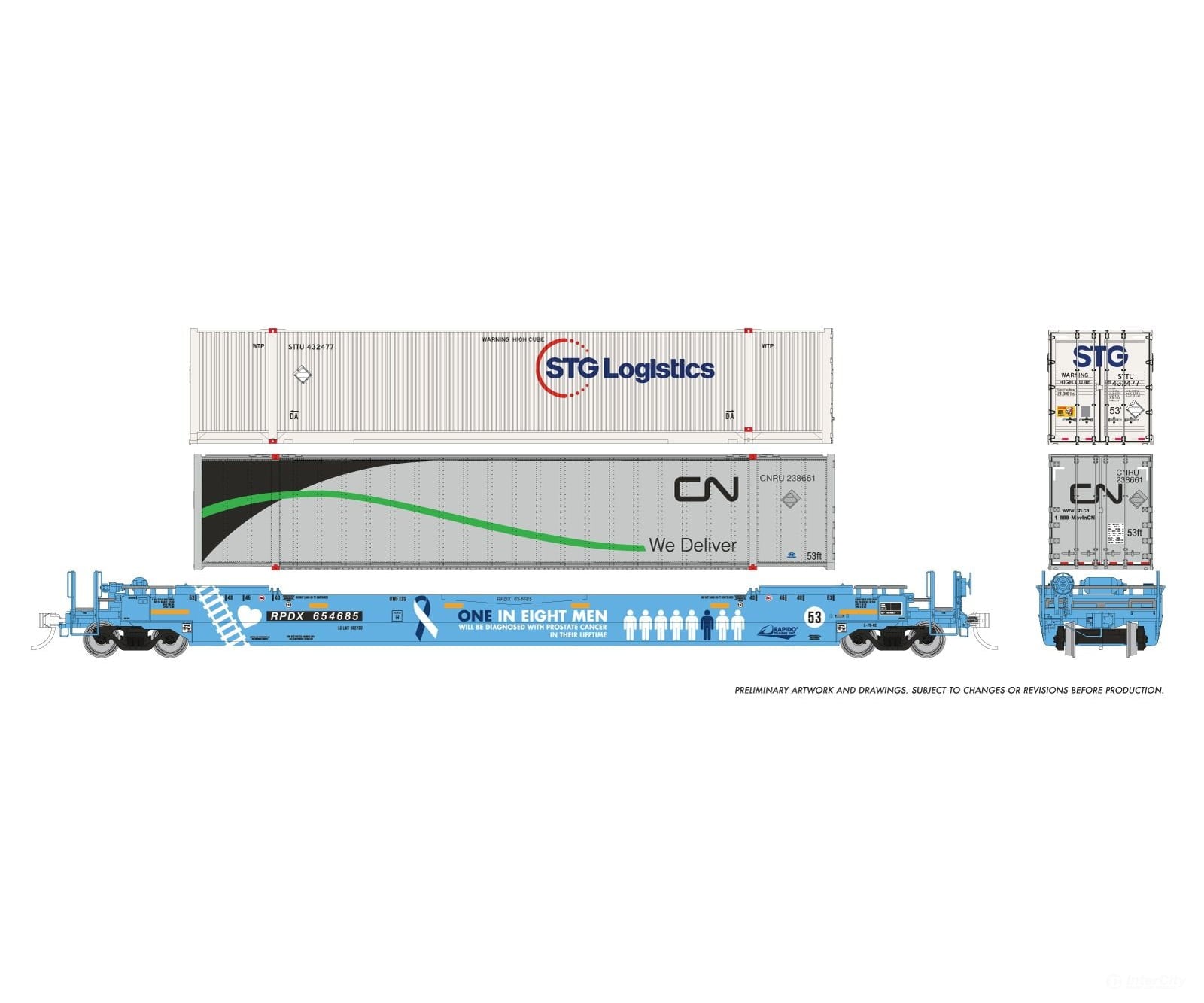 Rapido 1132002 HO 53’ Husky-Stack well car + containers: RPDX ’Prostate Cancer Awareness’: #654685 - Freight Cars