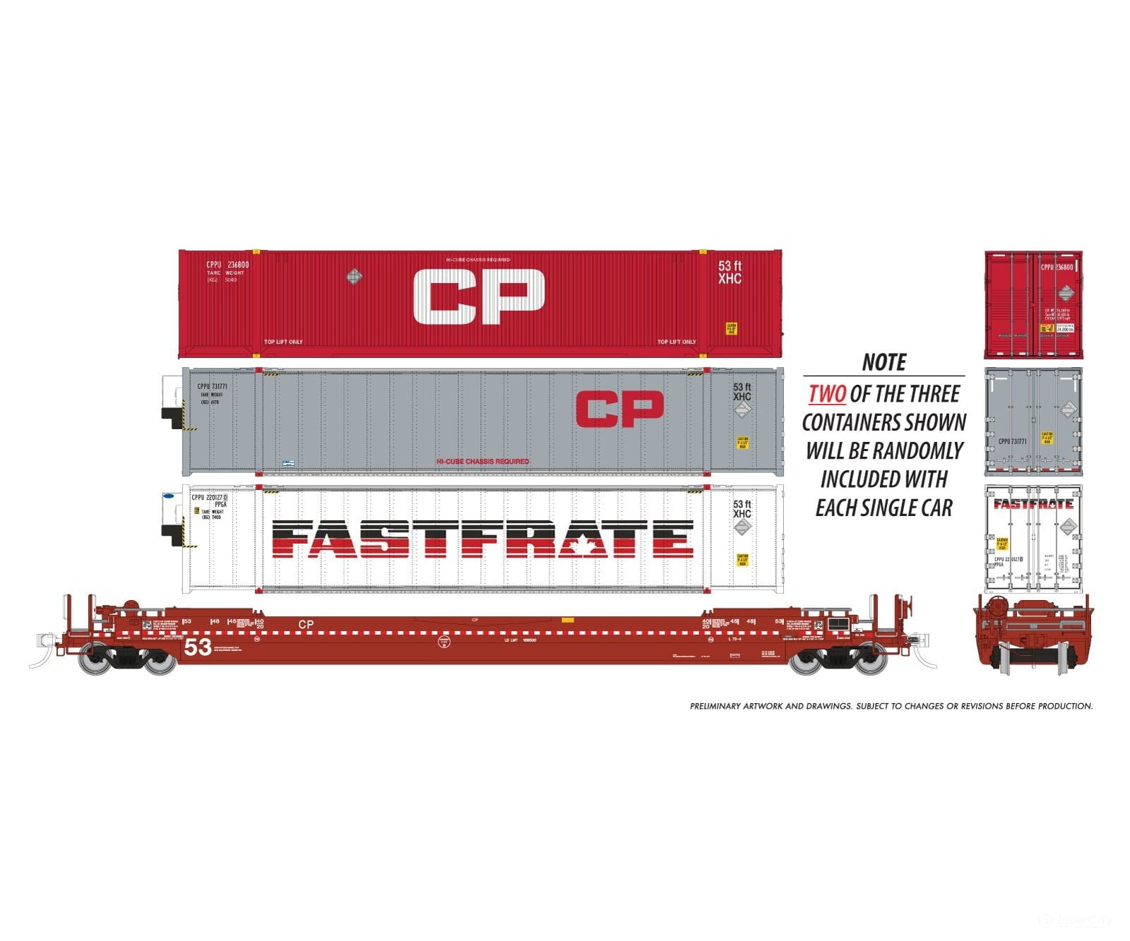Rapido 1132004A HO 53’ Husky-Stack well car + containers: CP: Single Car #2 - Freight Cars