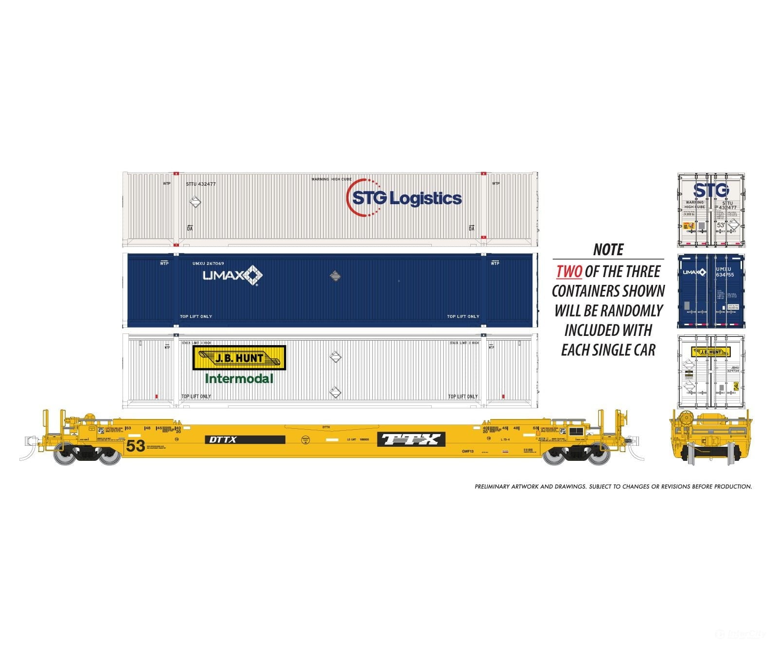 Rapido 1132006A HO 53’ Husky-Stack well car + containers (US): TTX - As Delivered: Single Car - Freight Cars