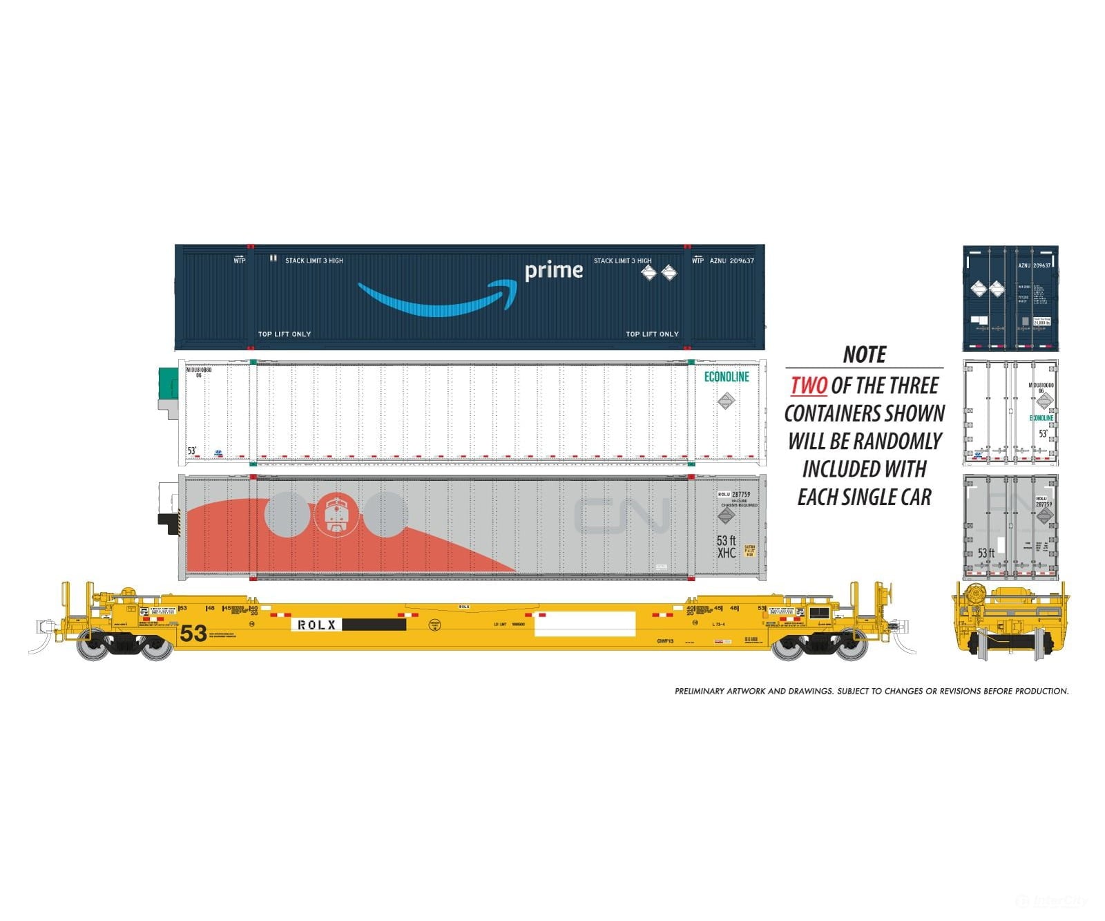 Rapido 1132009 HO 53’ Husky-Stack well car + containers: ROLX: 3-Pack - Freight Cars