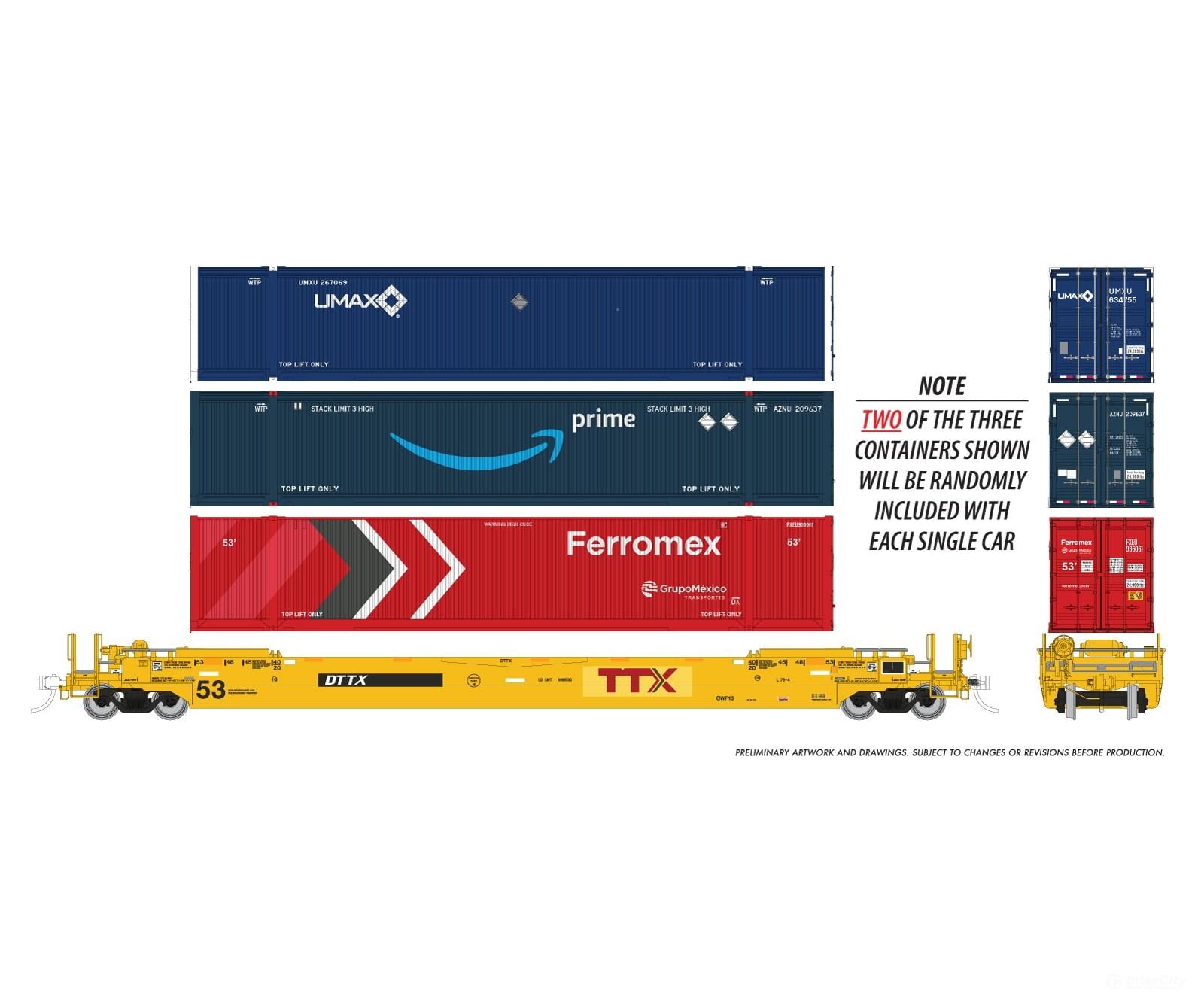Rapido 1132505 HO 53’ Husky-Stack well car 2-Pack: TTX - Patched Logo: 3-Pack #2 - Freight Cars