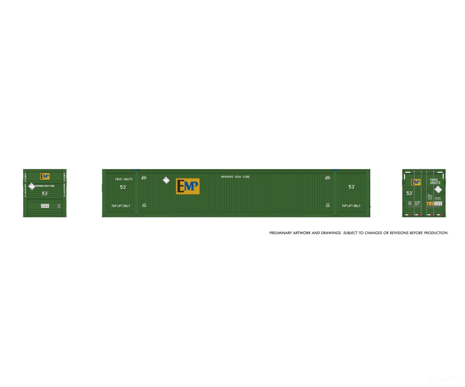 Rapido 1141502 HO 53’ Reinforced Outside-Braced Container (2-pack): EMP - Green - Freight Loads & Containers