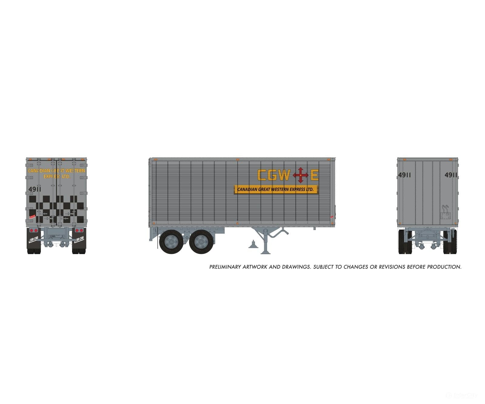 Rapido 1146007 HO 26’ Can-Car Trailer: Canadian Great Westernï¿½Express: #4911 - Freight Loads & Containers