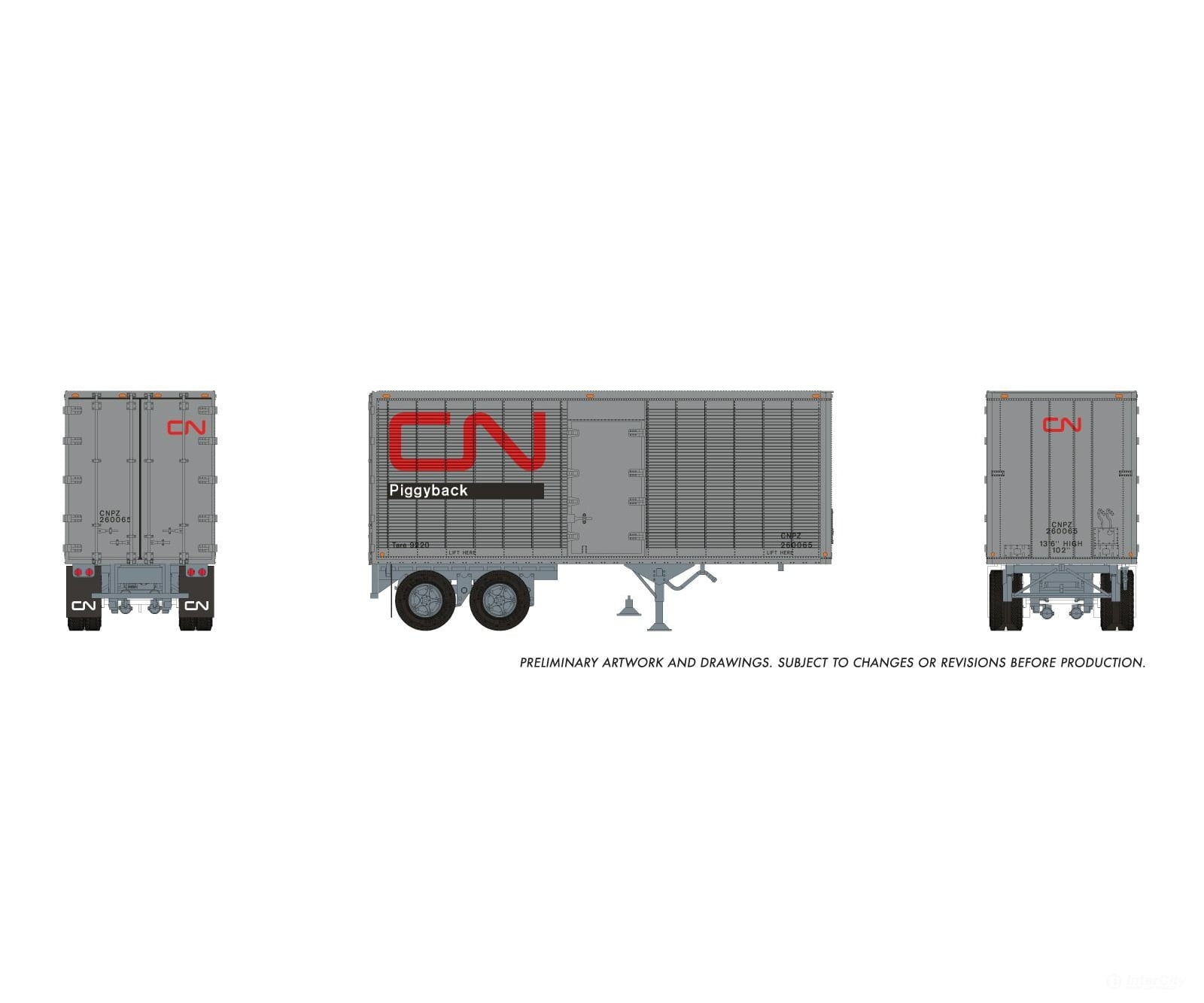 Rapido 1146010 HO 26’ Can-Car Trailer: CN Piggyback: #260065 - Freight Loads & Containers