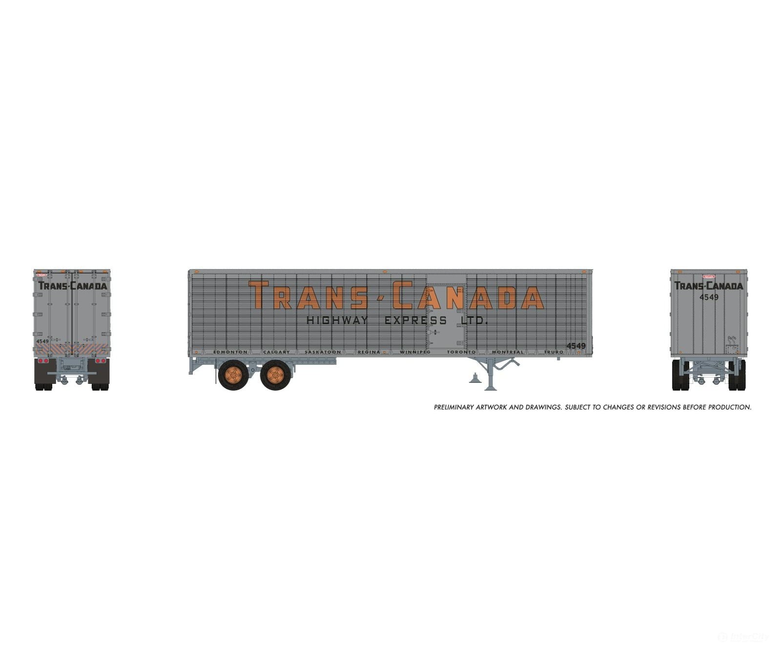 Rapido 1146072 HO 45’ Trailmobile Dry Van Trailer: Trans-Canada Hwy Express: #4549 - Freight Loads & Containers