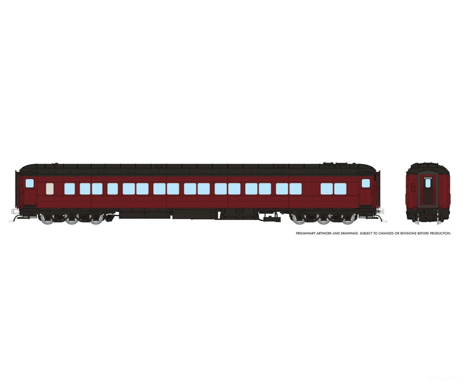 Rapido 125098 Ho Balloon Top Coach: Painted Tuscan Unlettered Passenger Cars
