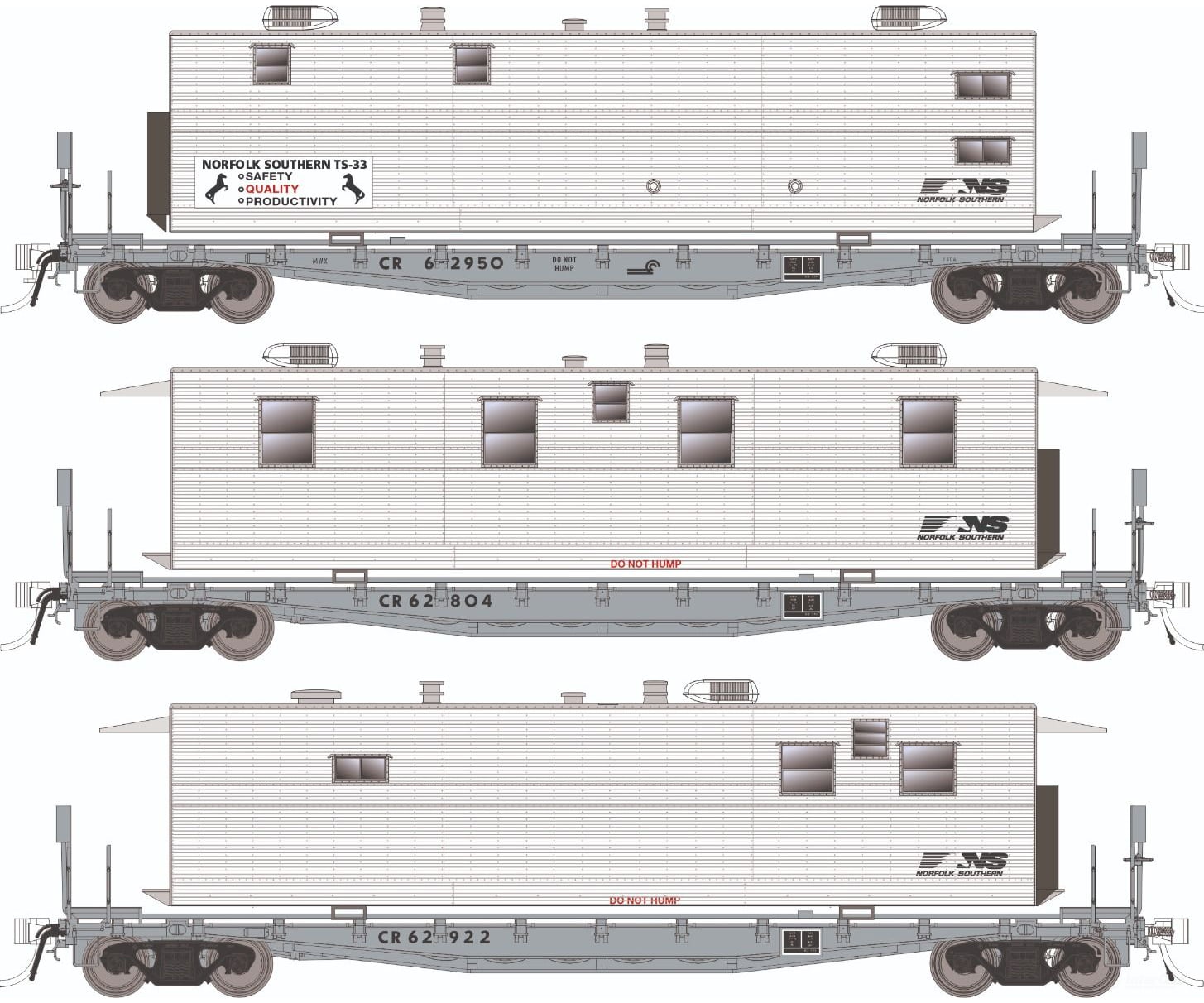 Rapido 138109 HO F30A 50’ Flat Car w/Camp Van: NS - MOW: 3-Pack #2 Freight Cars