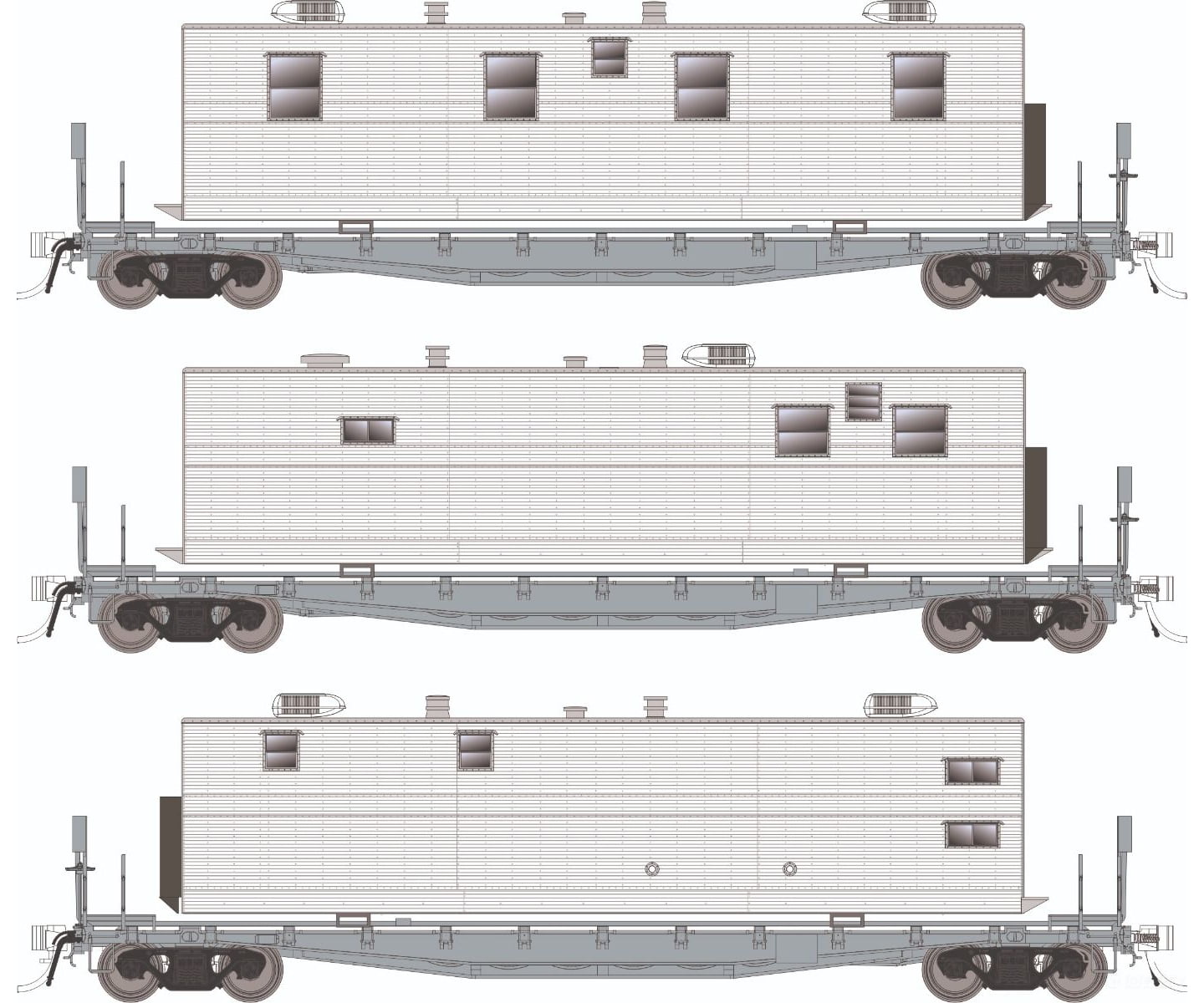 Rapido 138198 HO F30A 50’ Flat Car w/Camp Van: Painted Unlettered: 3-Pack Freight Cars
