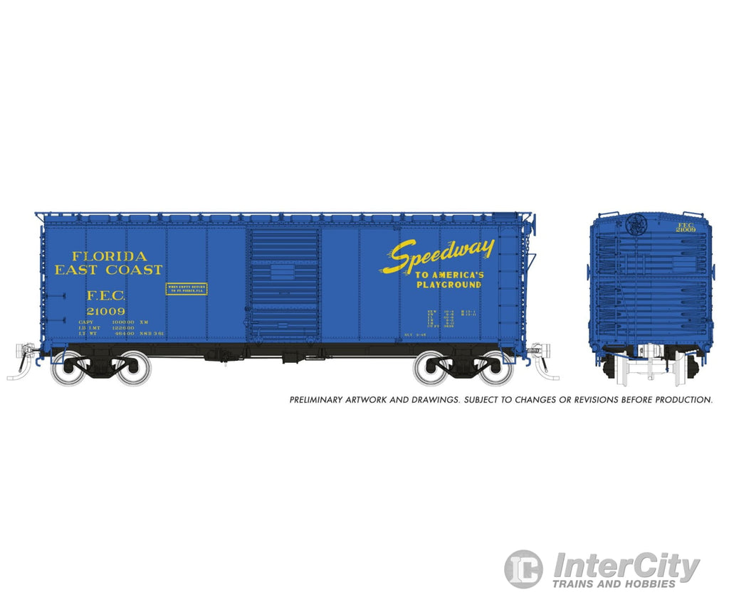 Rapido 181010 HO 1937 AAR 40’ Boxcar - Round corner: FEC - Blue Speedway Scheme: 6-Pack Freight Cars