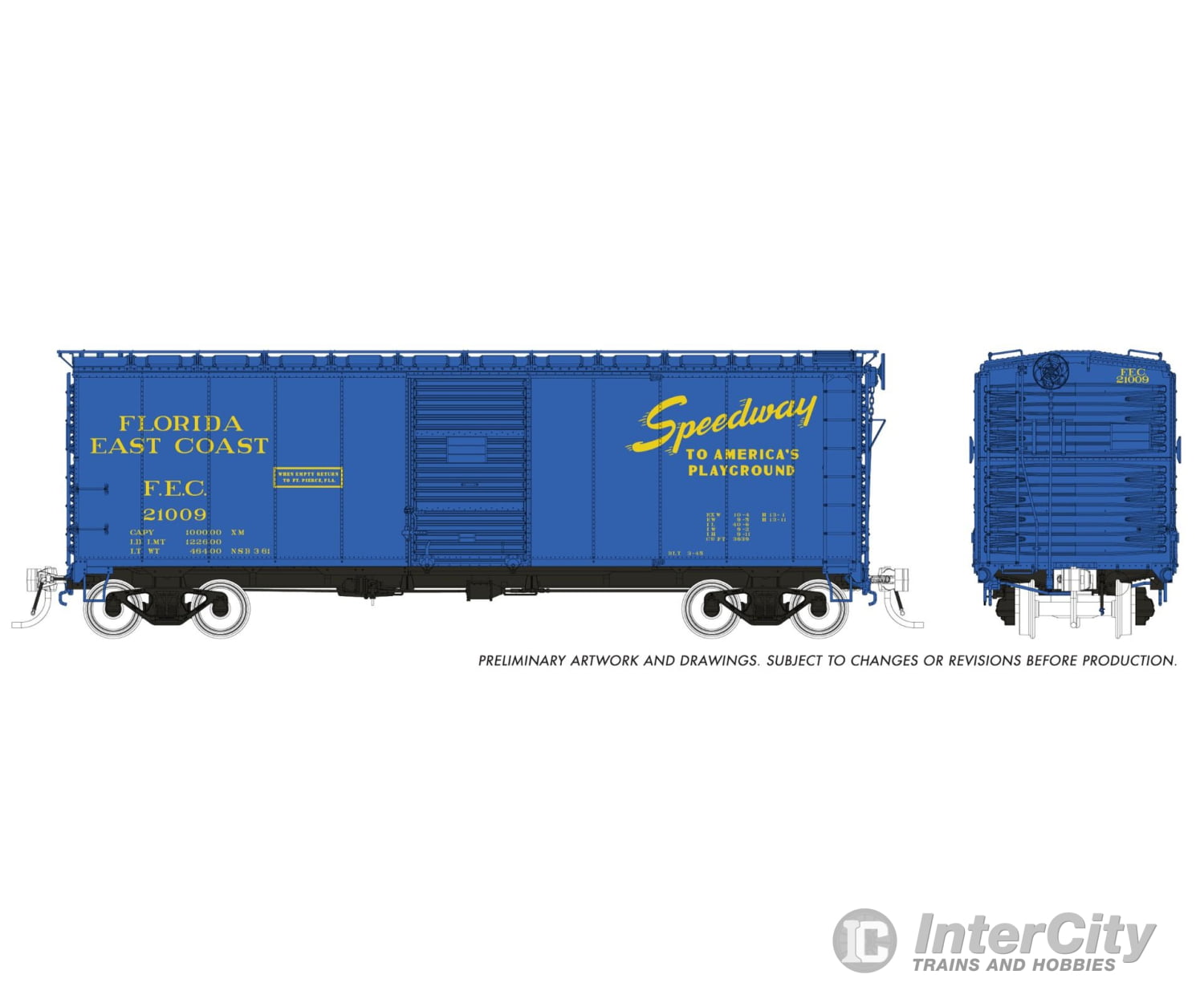 Rapido 181010 HO 1937 AAR 40’ Boxcar - Round corner: FEC - Blue Speedway Scheme: 6-Pack Freight Cars