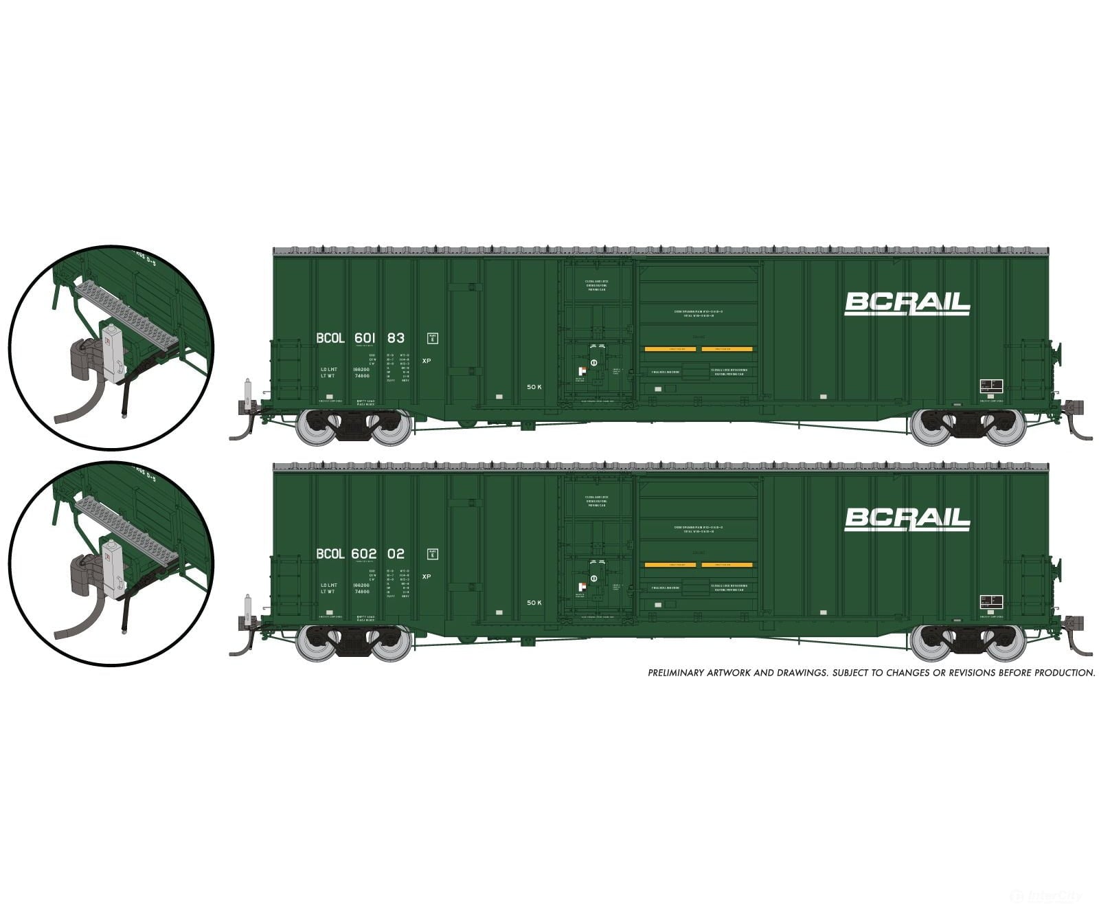 Rapido 191015 HO Trenton Works 6637cuft boxcar w/ EOT: BC Rail - As-Delivered: #60183 + #60202 - Freight Cars