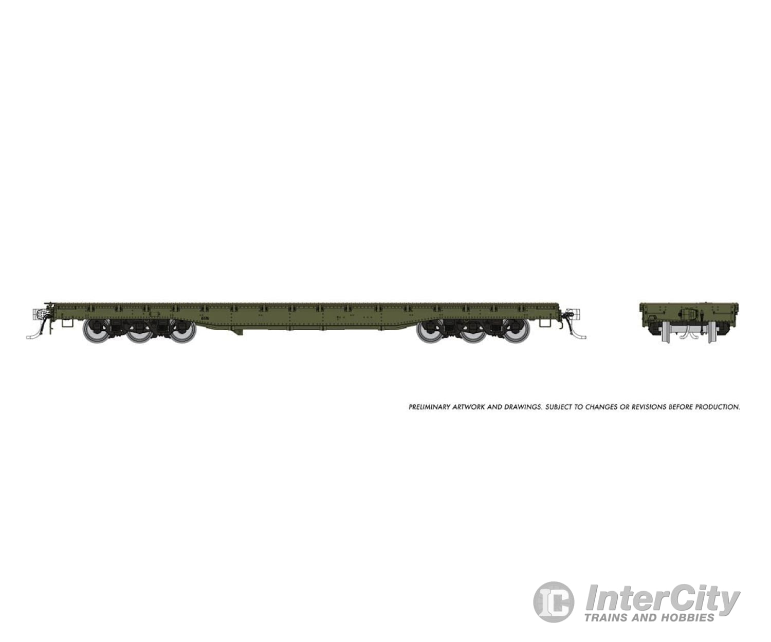 Rapido 199098 Ho Magor 54’ Flatcar: Green Unlettered: Single Car Freight Cars