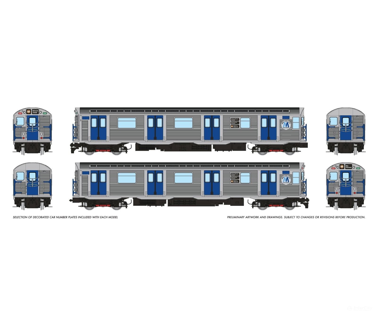 Rapido 209311 HO R32 ’Brightliner’ Subway 2-Car Set (Unpowered): NYCTA - M Logo: M Myrtle Ave/Nassau St Locomotives