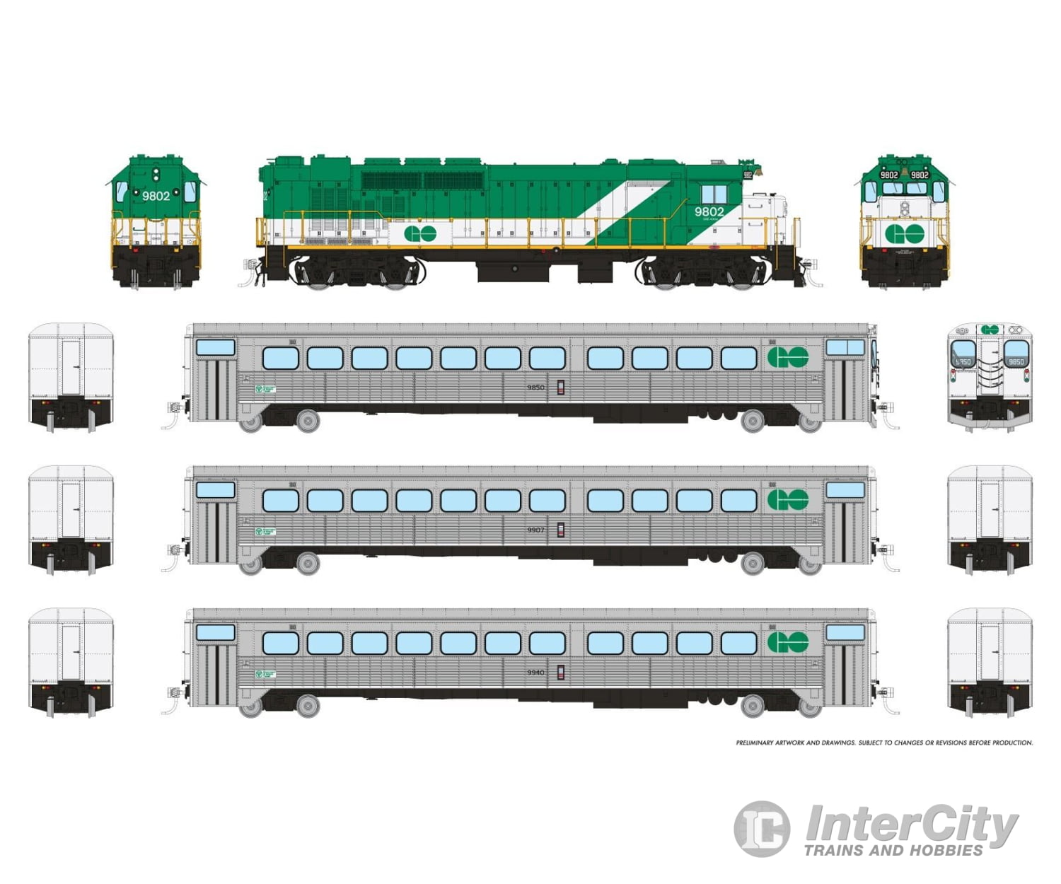 Rapido 226003 HO GO Transit Set (DC/Silent): Early Green Set #1 (Loco: 9802 Cab: 9850 Coaches: 9907 9940) Locomotives