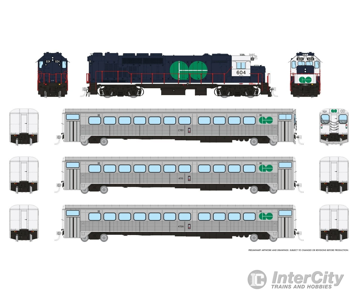 Rapido 226502 HO GO Transit Set (DC/DCC/Sound): Blue Set #2 (Loco: 604 Cab: C757 Coaches: 4713 4726) Locomotives