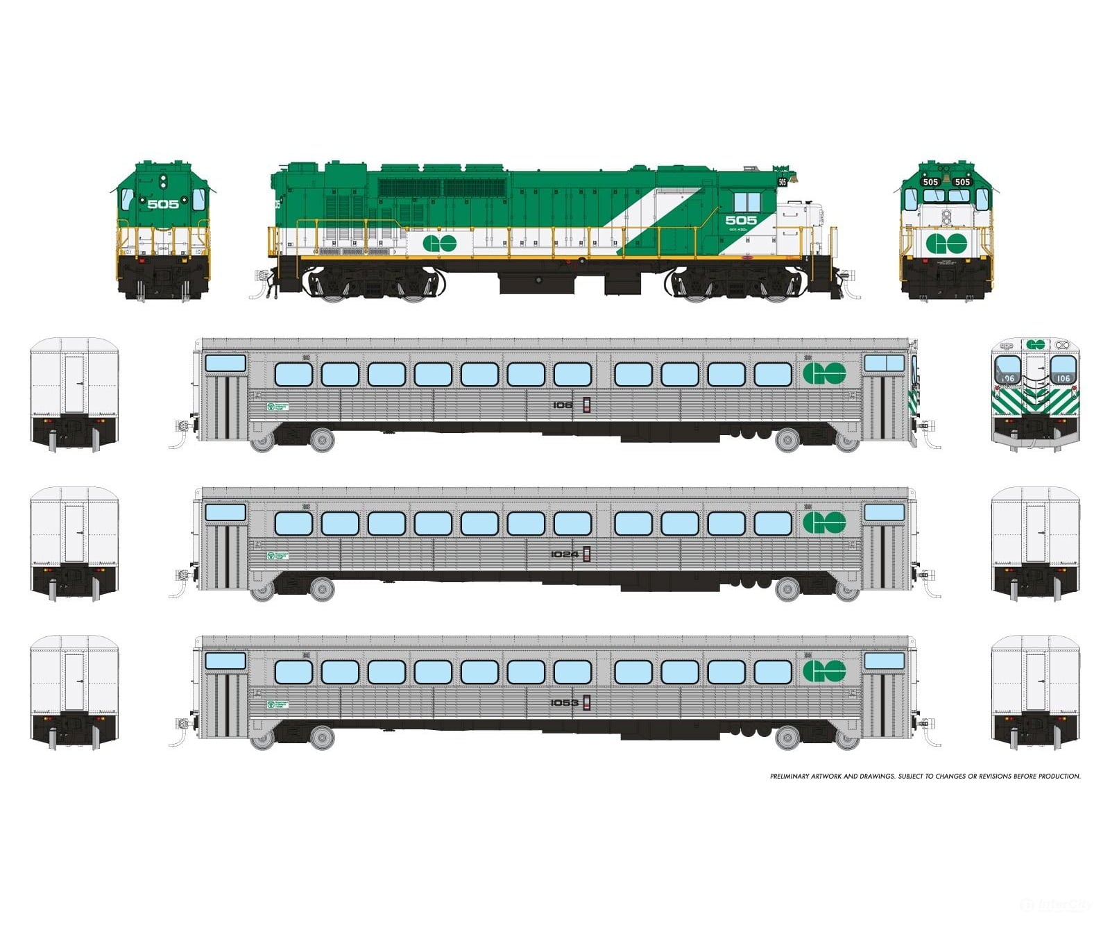 Rapido 226506 HO GO Transit Set (DC/DCC/Sound): Early Green Set #4 (Loco: 505 Cab: 106 Coaches: 1024 1053) Locomotives