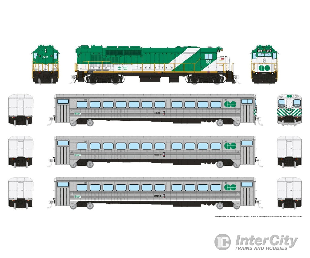 Rapido 226507 HO GO Transit Set (DC/DCC/Sound): Late Green Set #1 (Loco: 501 Cab: 103 Coaches: 1037 1081) Locomotives