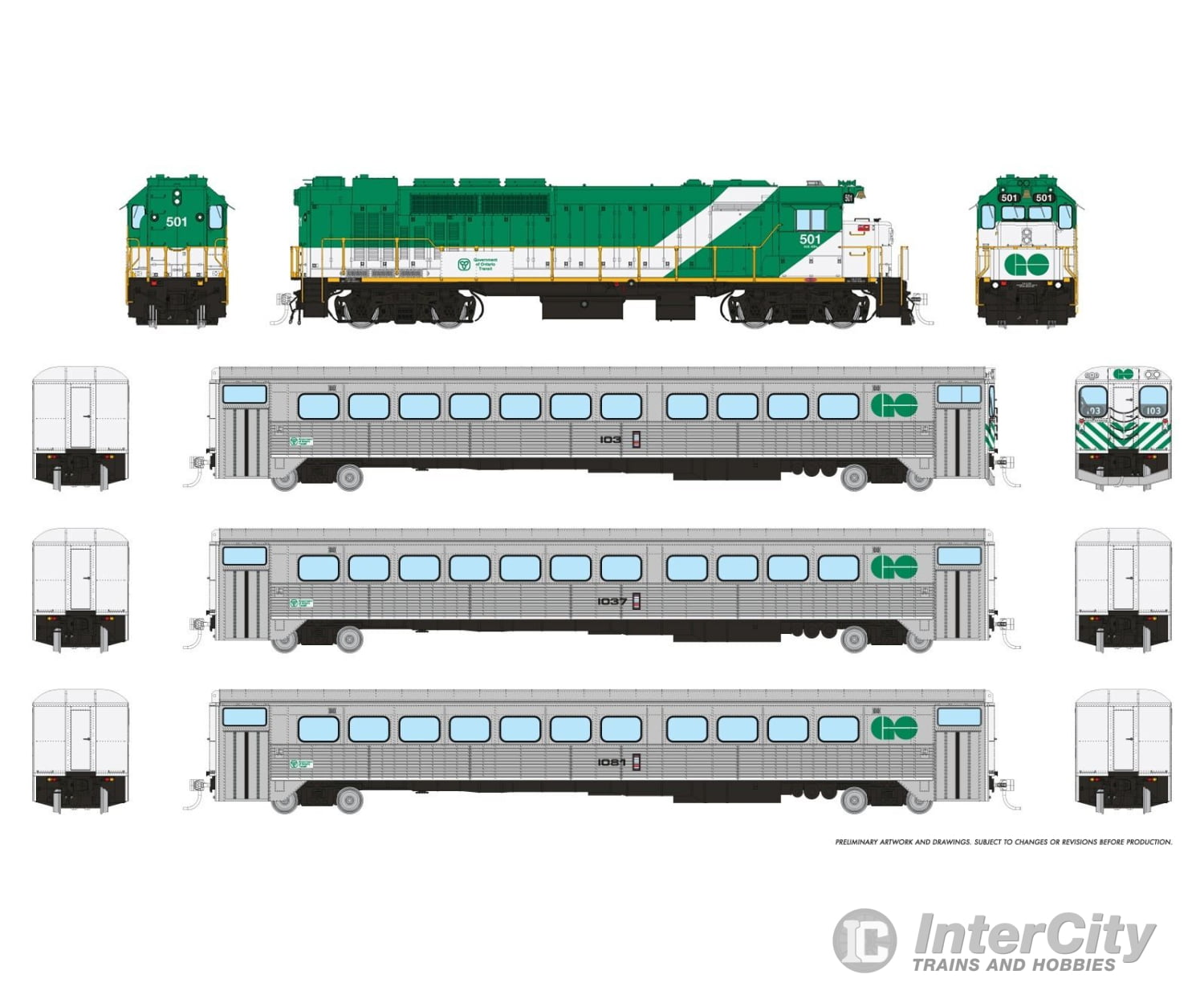 Rapido 226507 HO GO Transit Set (DC/DCC/Sound): Late Green Set #1 (Loco: 501 Cab: 103 Coaches: 1037 1081) Locomotives