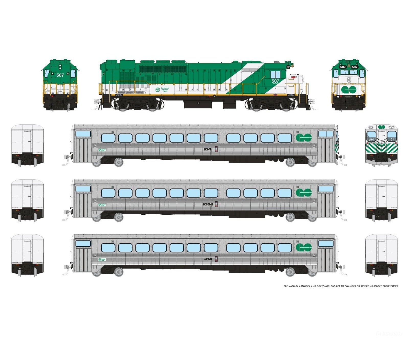 Rapido 226508 HO GO Transit Set (DC/DCC/Sound): Late Green Set #2 (Loco: 507 Cab: 104 Coaches: 1064 1104) Locomotives