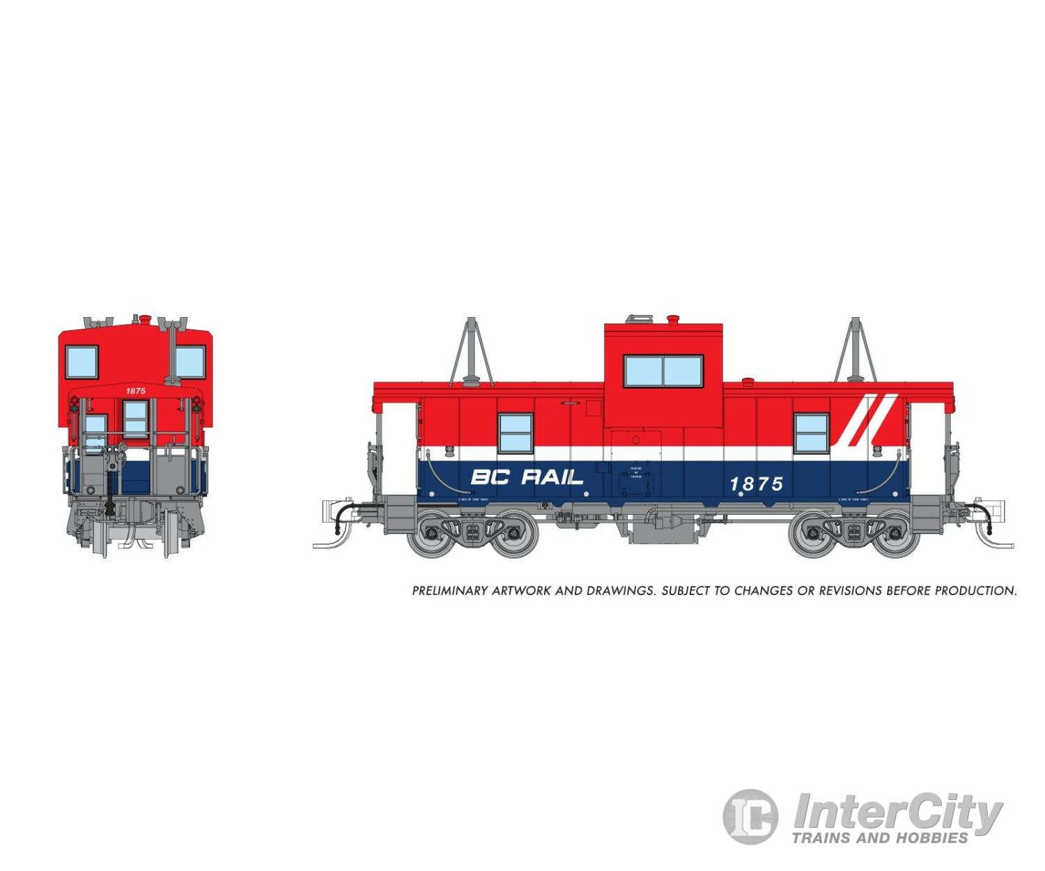 Rapido 510055 N Wide Vision Caboose: BC Rail - Red/Blue Hockey Scheme: #1875 Freight Cars