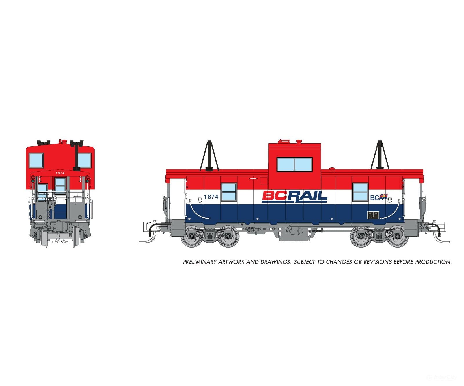 Rapido 510057 N Wide Vision Caboose: BC Rail - Red/White/Blue Scheme: #1874 Freight Cars
