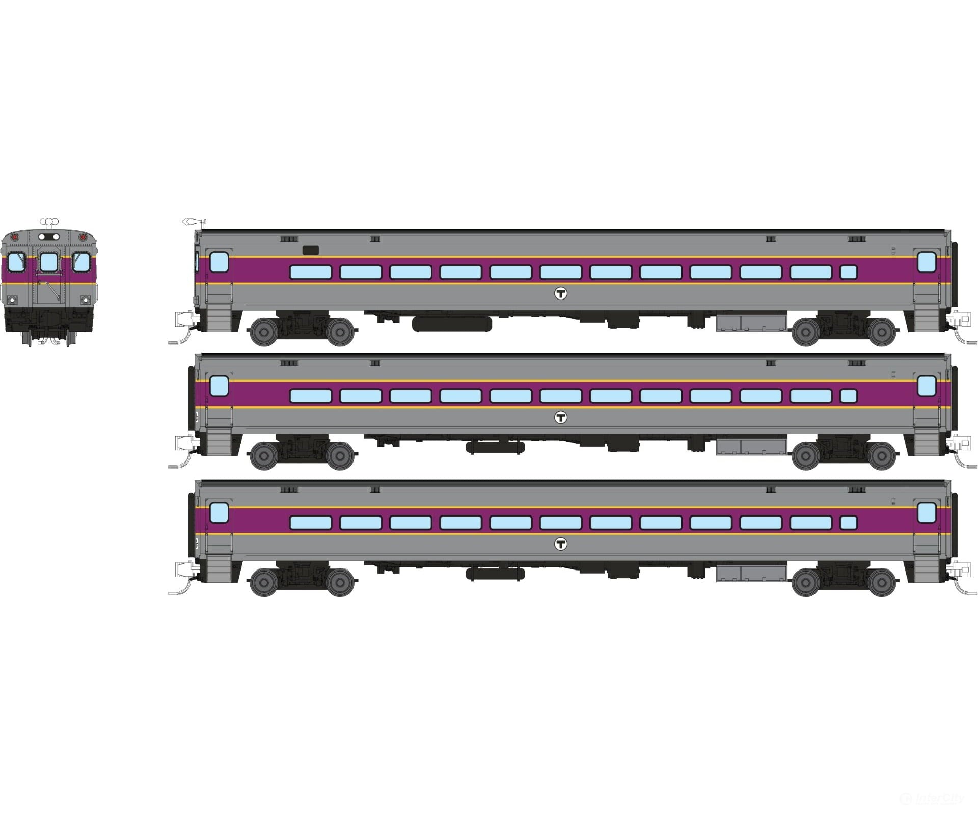 Rapido 528059 N Comet Car: MBTA - Late Scheme: Set #1 (Cab Car and 2 Coaches) - Passenger Cars