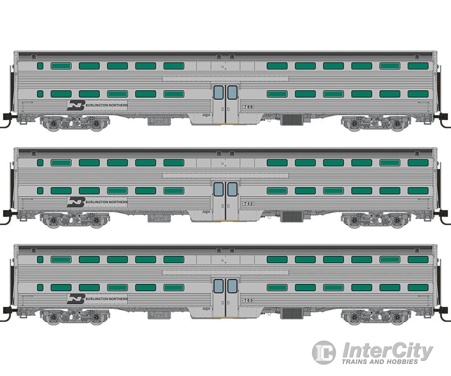 Rapido 545002 N Gallery Commuter Car: Burlington Northern: Set #2 (Coaches: 742 753 766) Passenger