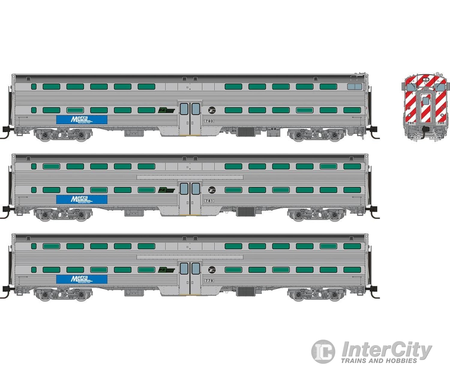 Rapido 545003 N Gallery Commuter Car: Metra - Bn Logo: Set #1 (Cab: 790 Coaches: 761 776) Passenger