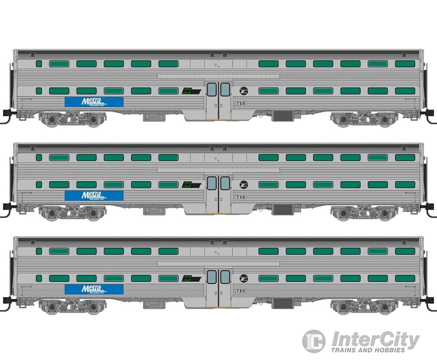 Rapido 545005 N Gallery Commuter Car: Metra - Bn Logo: Set #3 (Coaches: 749 756 760) Passenger Cars