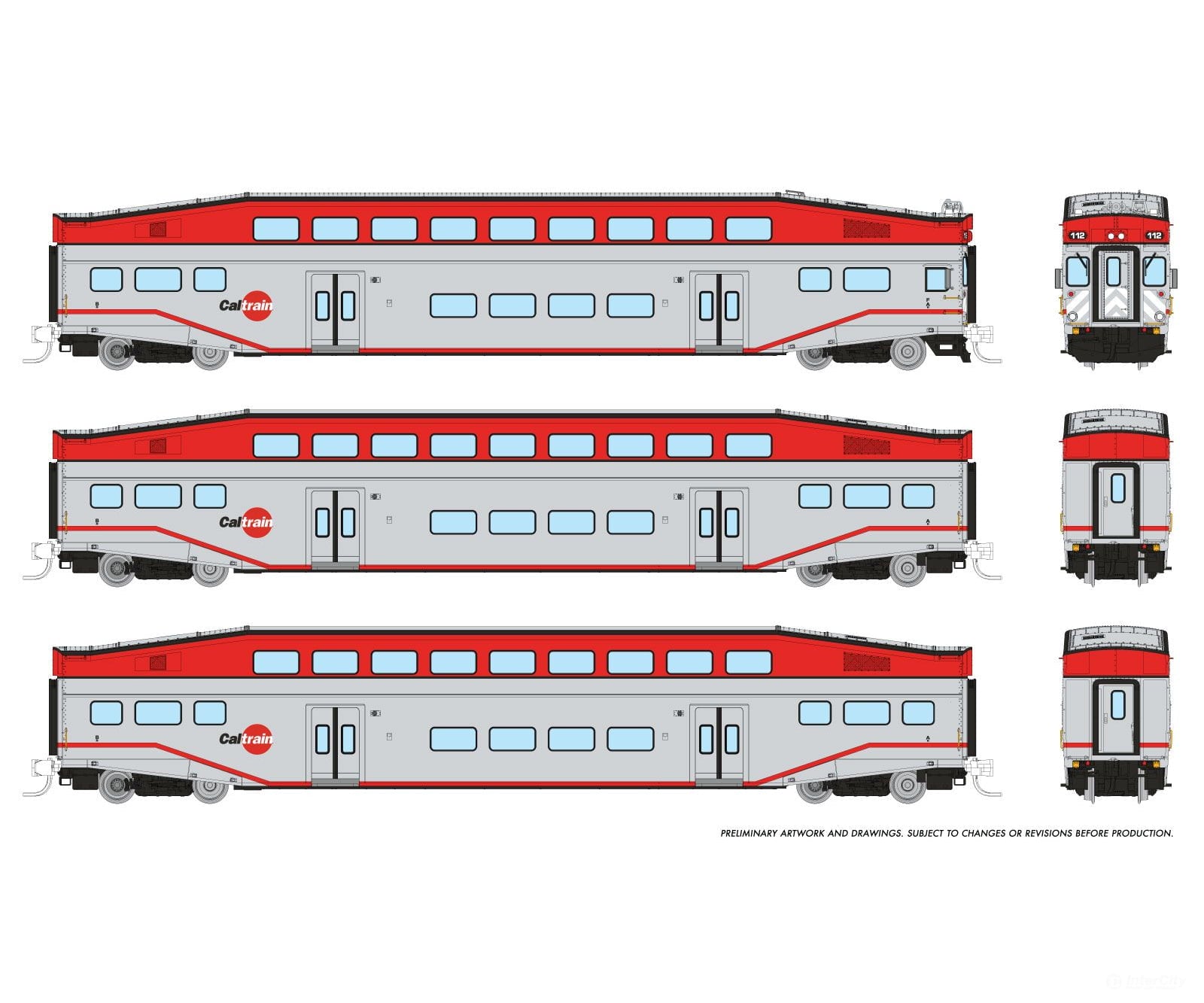 Rapido 546007 N Bilevel Commuter Car: Caltrain: Set #1 (Cab: 119 Coaches: 231 234) Passenger Cars