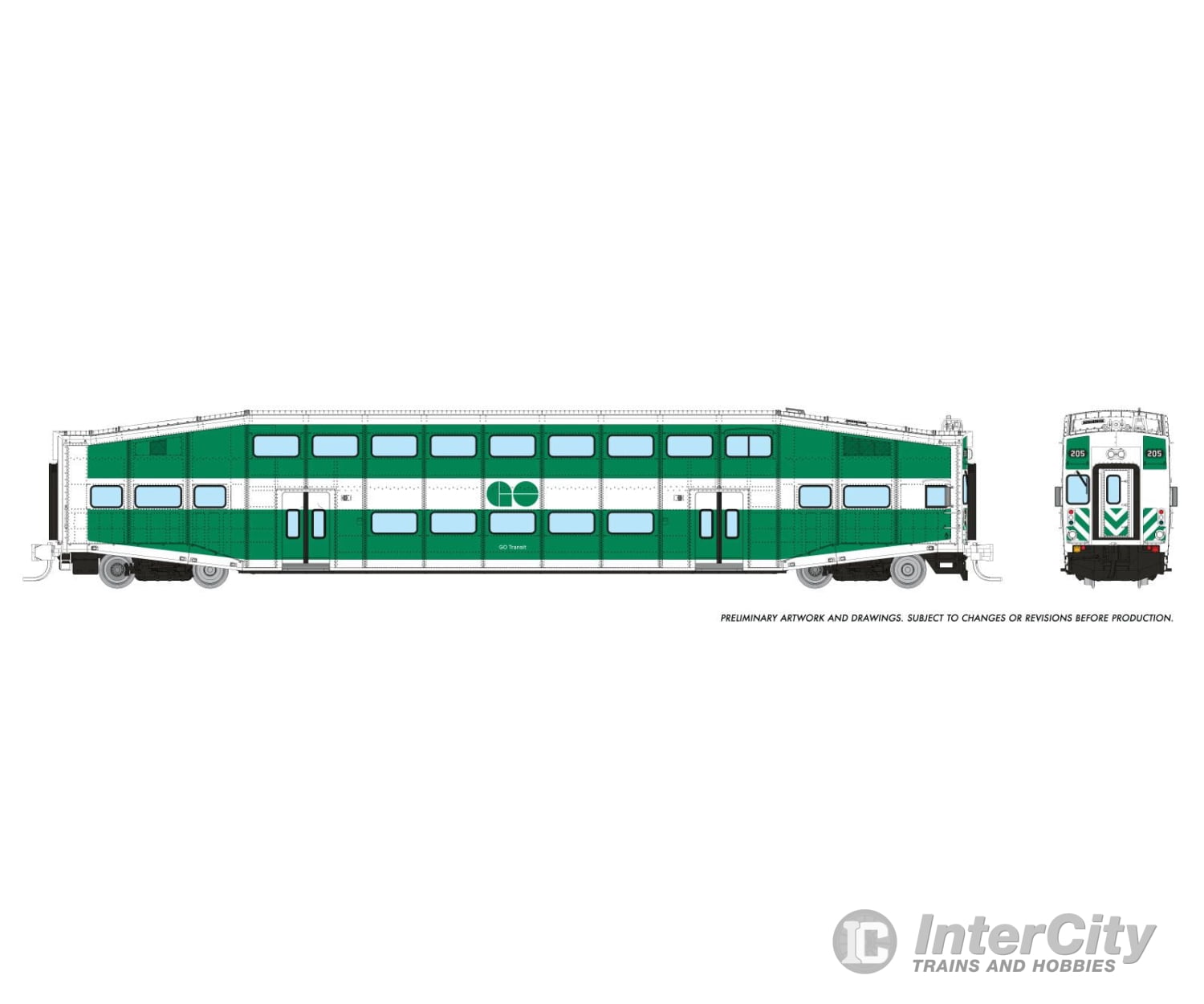 Rapido 546013 N Bilevel Commuter Car: Go Transit: Set #1 (Cab: 205 Coaches: 2123 2150) Passenger