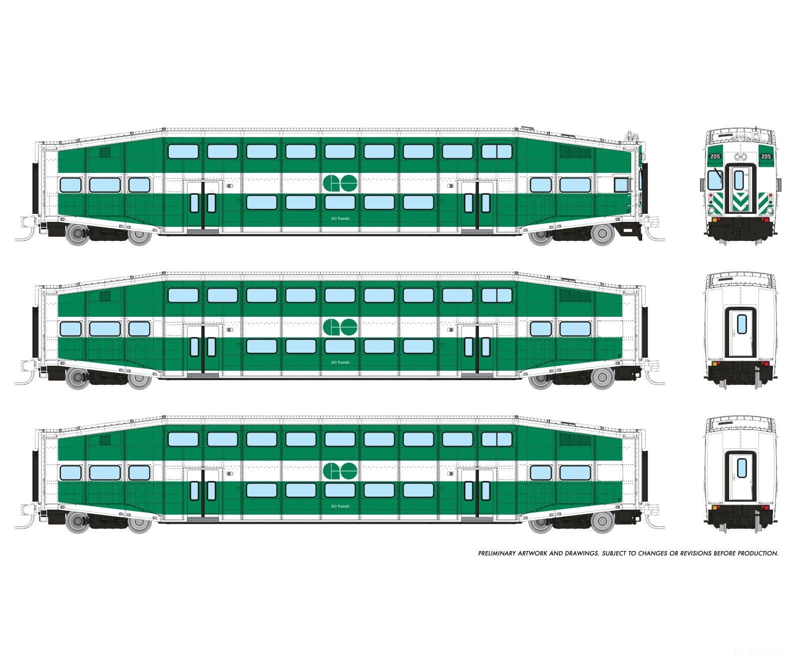 Rapido 546013 N Bilevel Commuter Car: Go Transit: Set #1 (Cab: 205 Coaches: 2123 2150) Passenger