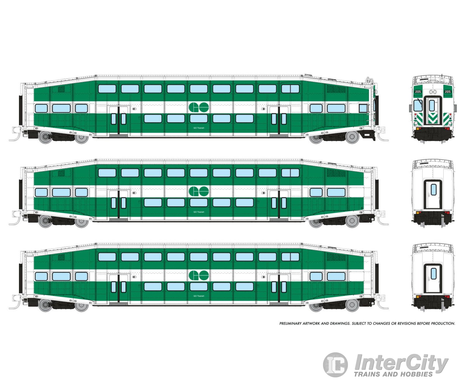 Rapido 546013 N Bilevel Commuter Car: Go Transit: Set #1 (Cab: 205 Coaches: 2123 2150) Passenger