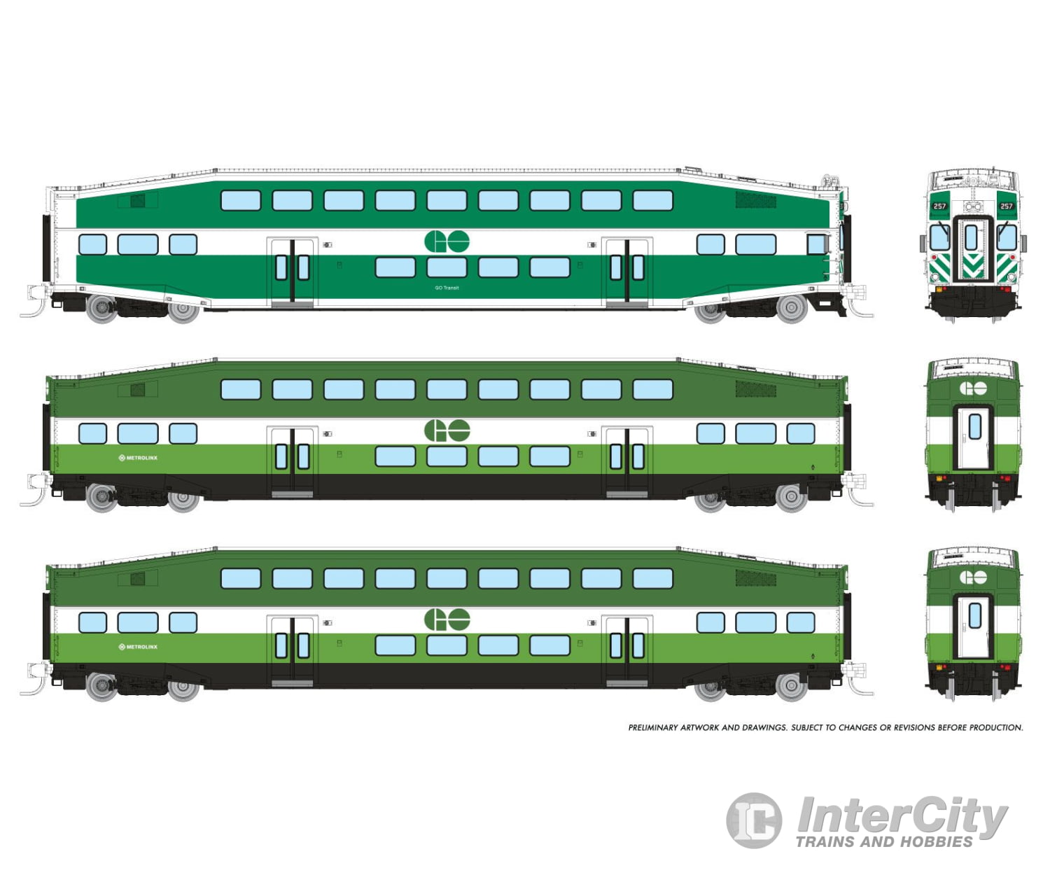 Rapido 546016 N Bilevel Commuter Car: Go/Metrolinx: Set #1 (Cab: 255 Coaches: 2808 2844) Passenger