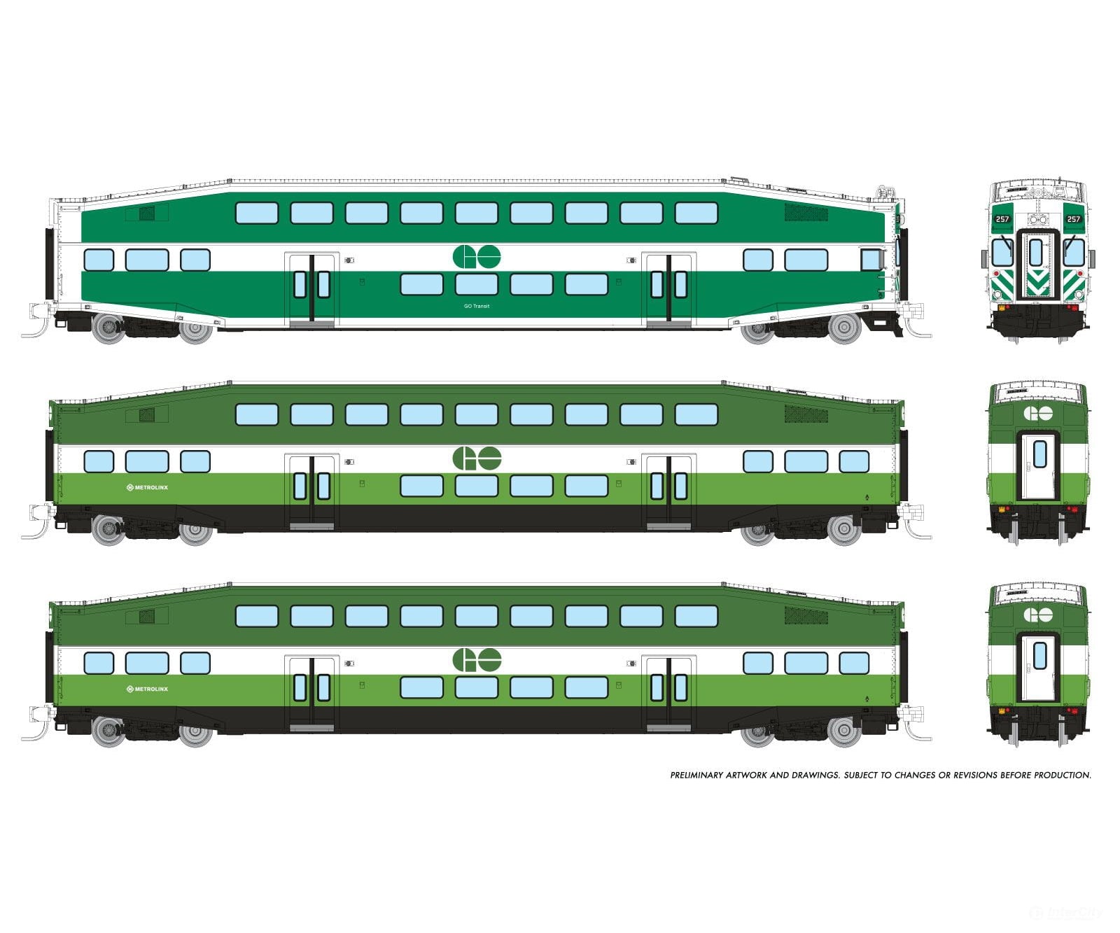 Rapido 546017 N Bilevel Commuter Car: Go/Metrolinx: Set #2 (Cab: 257 Coaches: 2838 2857) Passenger
