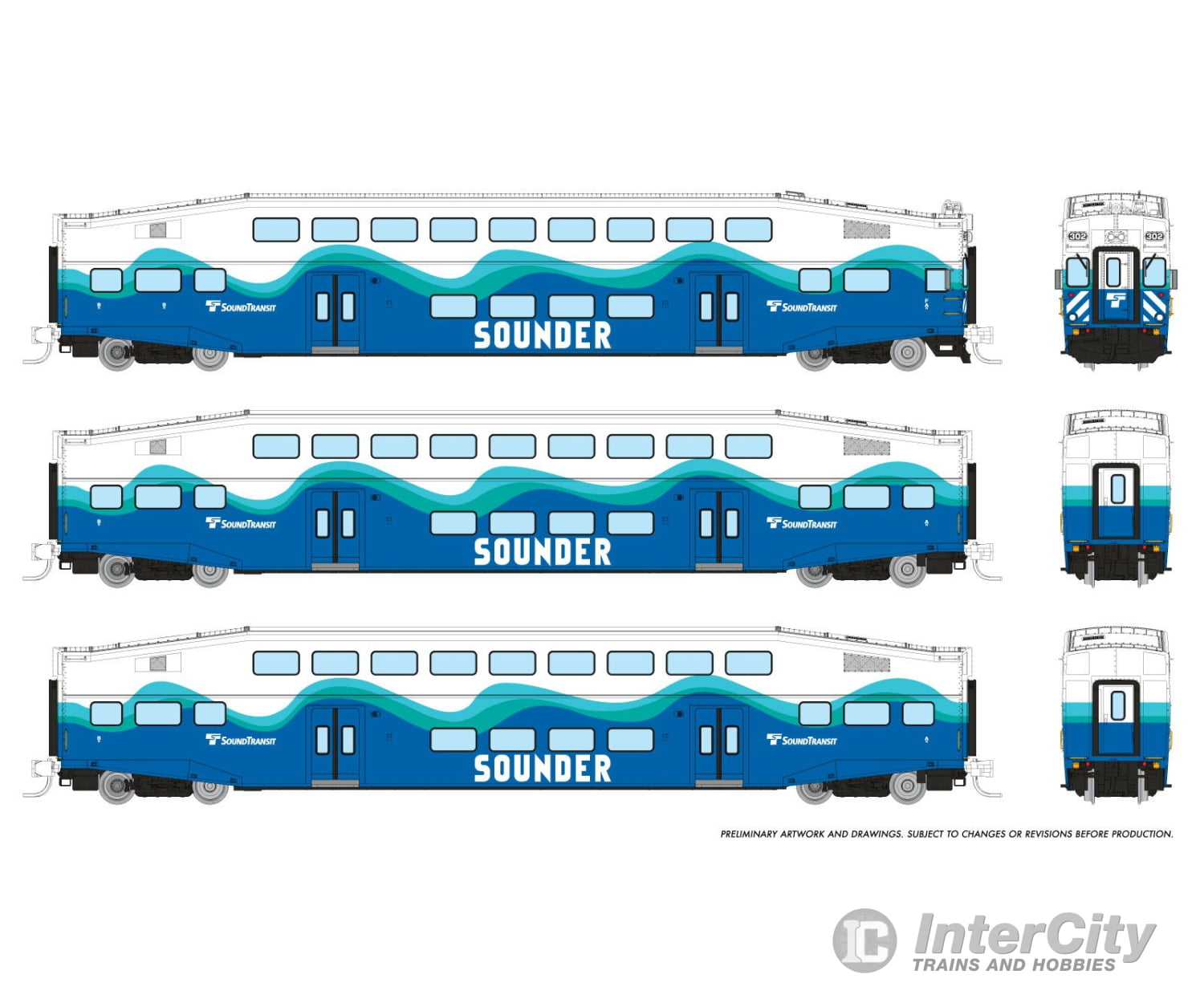 Rapido 546022 N Bilevel Commuter Car: Sounder: Set #1 (Cab: 302 Coaches: 404 410) Passenger Cars