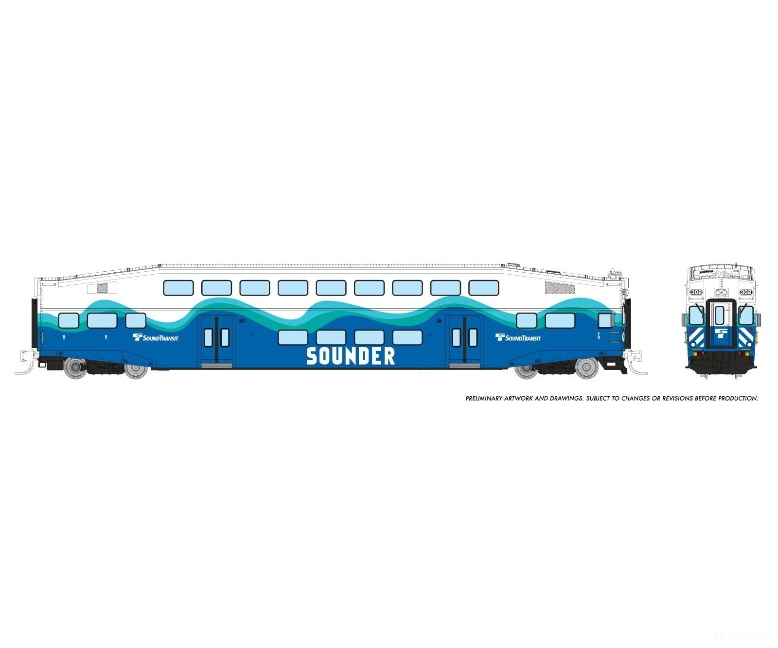 Rapido 546022 N Bilevel Commuter Car: Sounder: Set #1 (Cab: 302 Coaches: 404 410) Passenger Cars