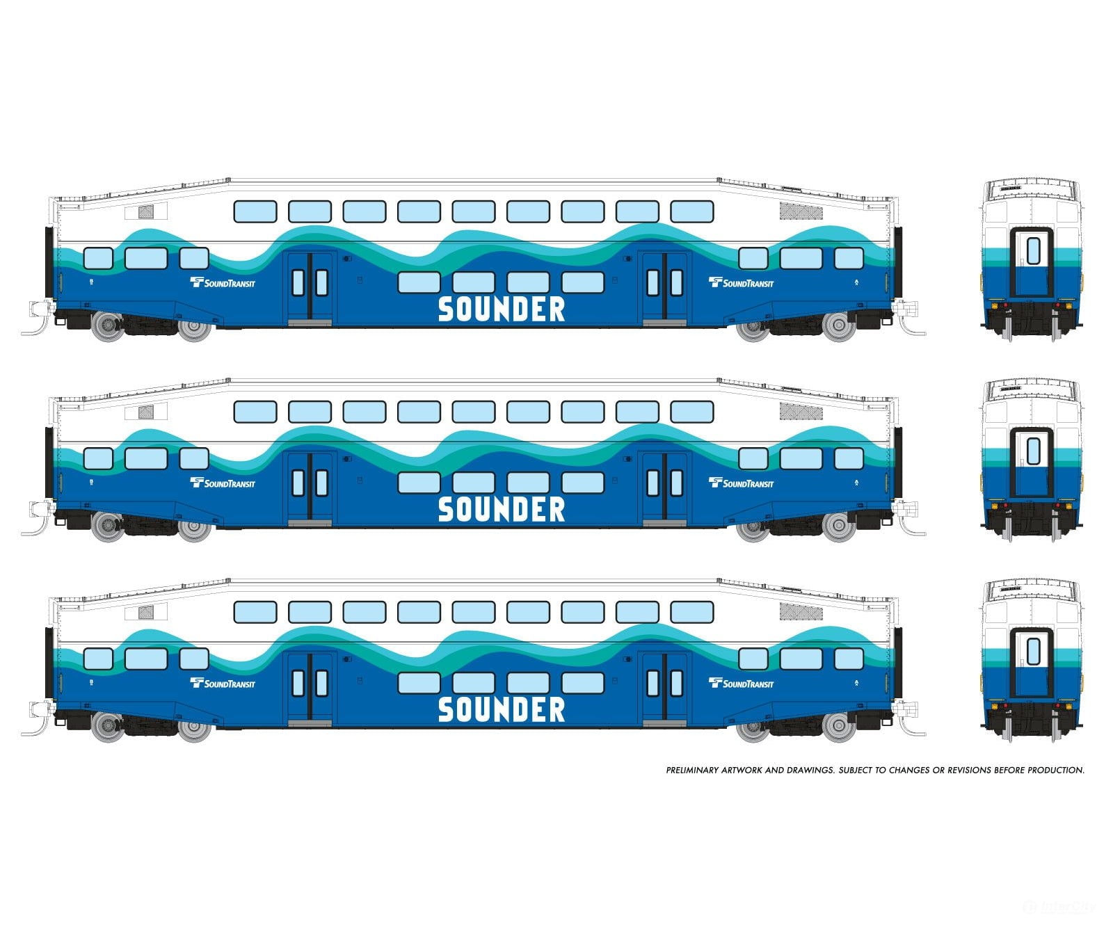 Rapido 546024 N Bilevel Commuter Car: Sounder: Set #3 (Coaches: 401 406 409) Passenger Cars
